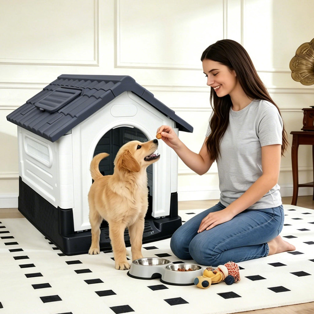 Garvee Large Dog House Outdoor with Air Vents and Elevated Floor for Medium Large Dogs, Plastic Waterproof Doghouse Sloping Roof, Easy Clean and Assemble, Gray