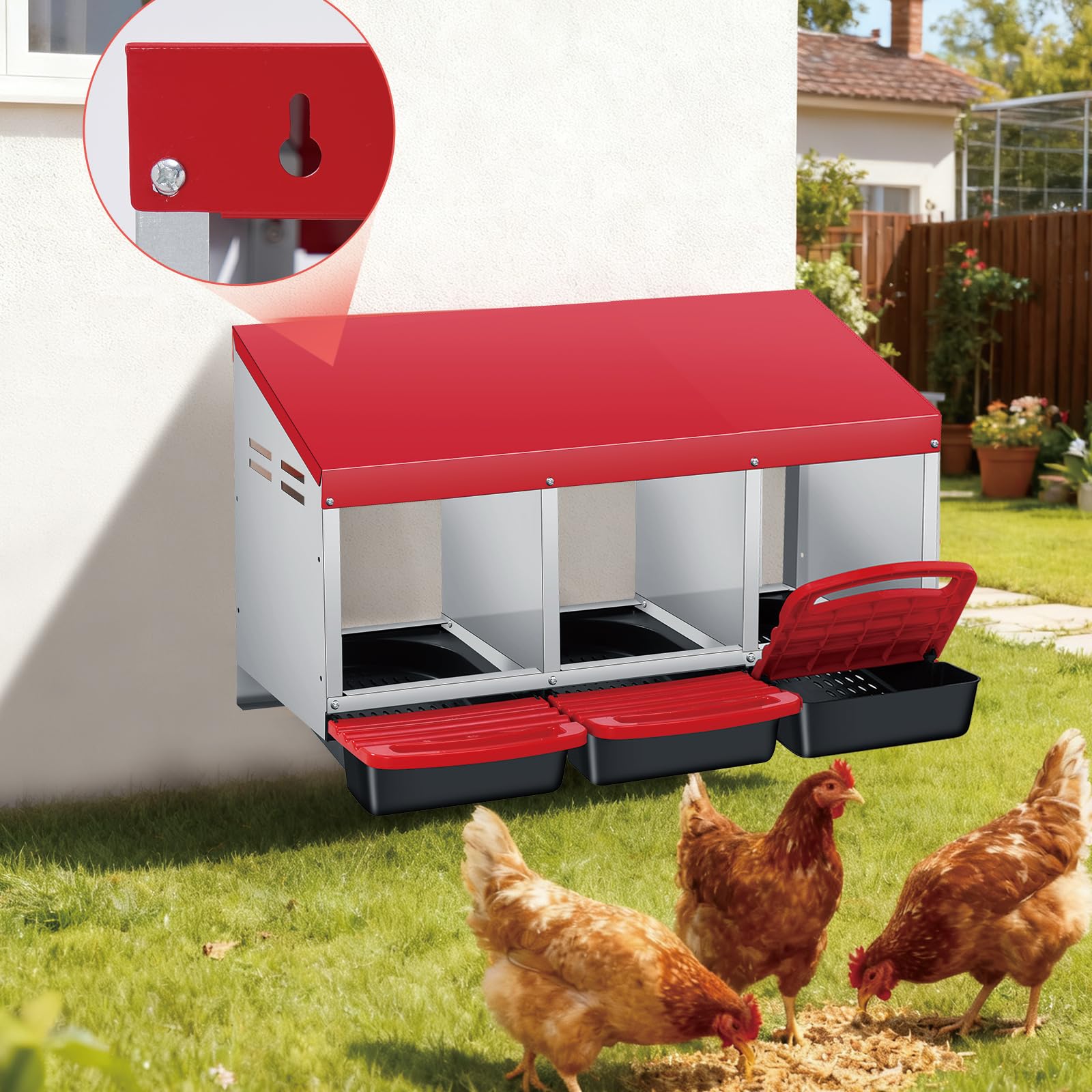 Garvee Heavy Duty 3-Compartment Chicken Nesting Box – Galvanized Steel Rollaway Egg Collection, Removable Tray & Perch – Easy-Clean Wall Mount or Freestanding – Red, Three Grids