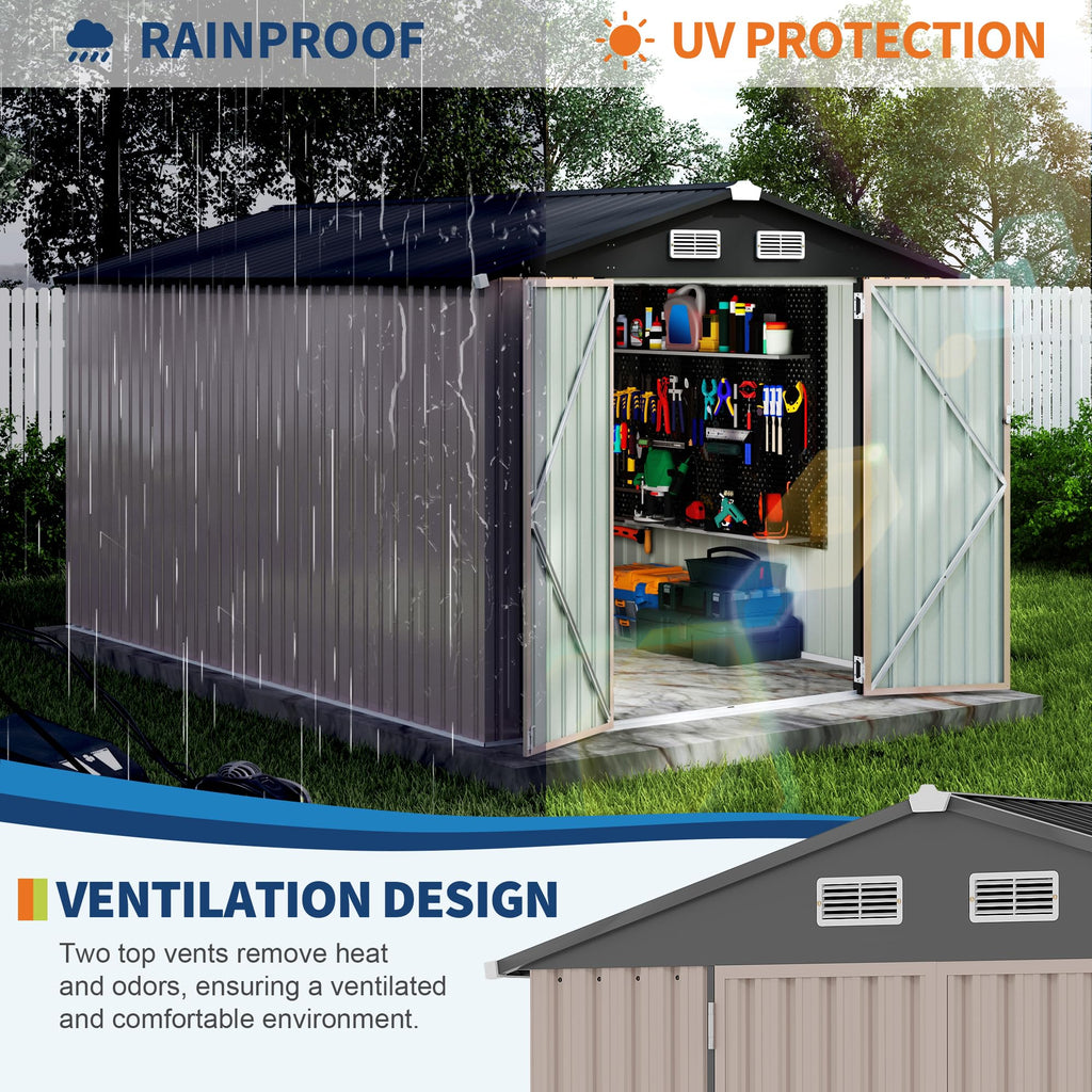 Garvee Spacious Metal Outdoor Storage Outdoor Storage – 8x12 FT Heavy Duty Garden Utility Outdoor Storage with Lockable Door, Air Vent, Windproof & Rainproof – Backyard, Patio, Lawn – Dark Colored Top + Brown Board