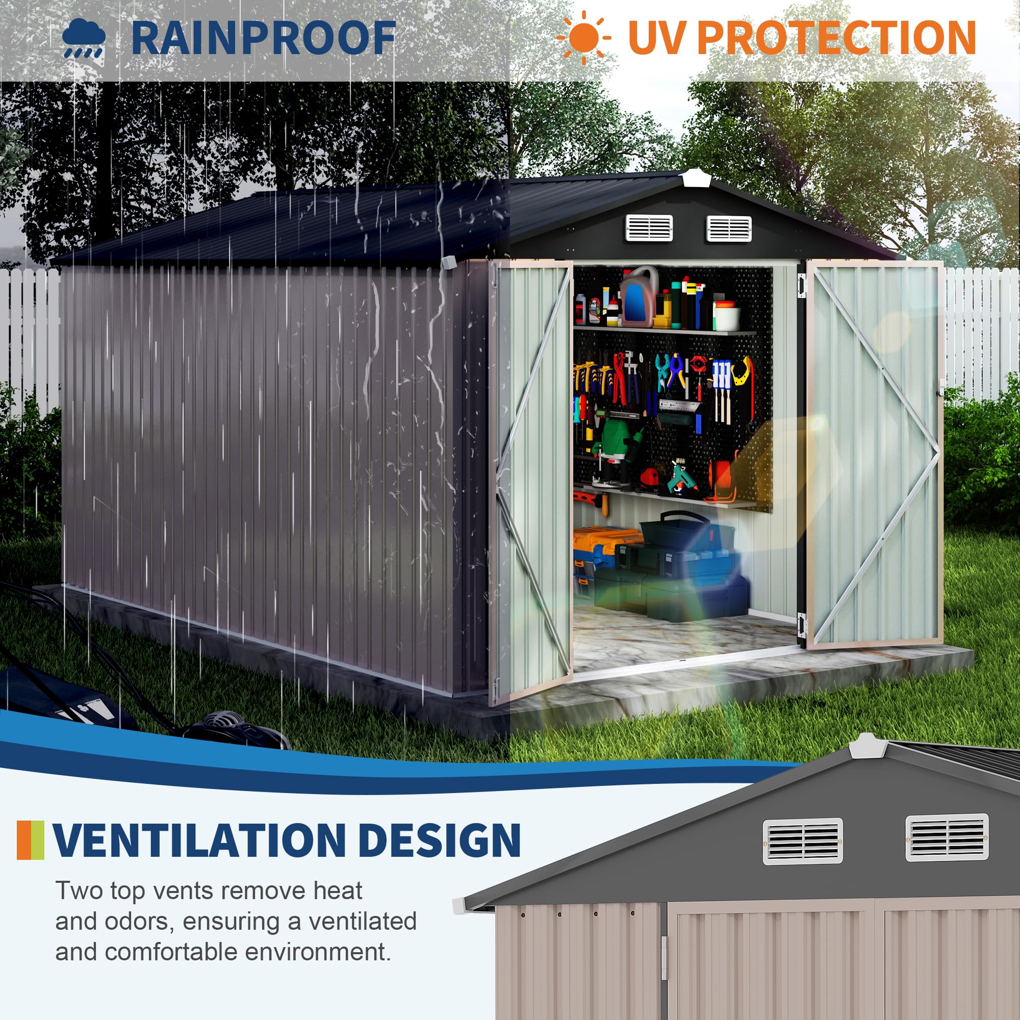 Garvee Spacious Metal Outdoor Storage Outdoor Storage – 8x12 FT Heavy Duty Garden Utility Outdoor Storage with Lockable Door, Air Vent, Windproof & Rainproof – Backyard, Patio, Lawn – Dark Colored Top + Brown Board