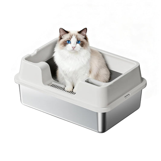 Garvee Extra Large Stainless Steel Cat Litter Box, High Side Litter Box with Non-Stick, Scoop & Odor-Resistant, Metal Cat Pan for Multiple Cats, Rabbits & Small Pets, Easy to Clean, White