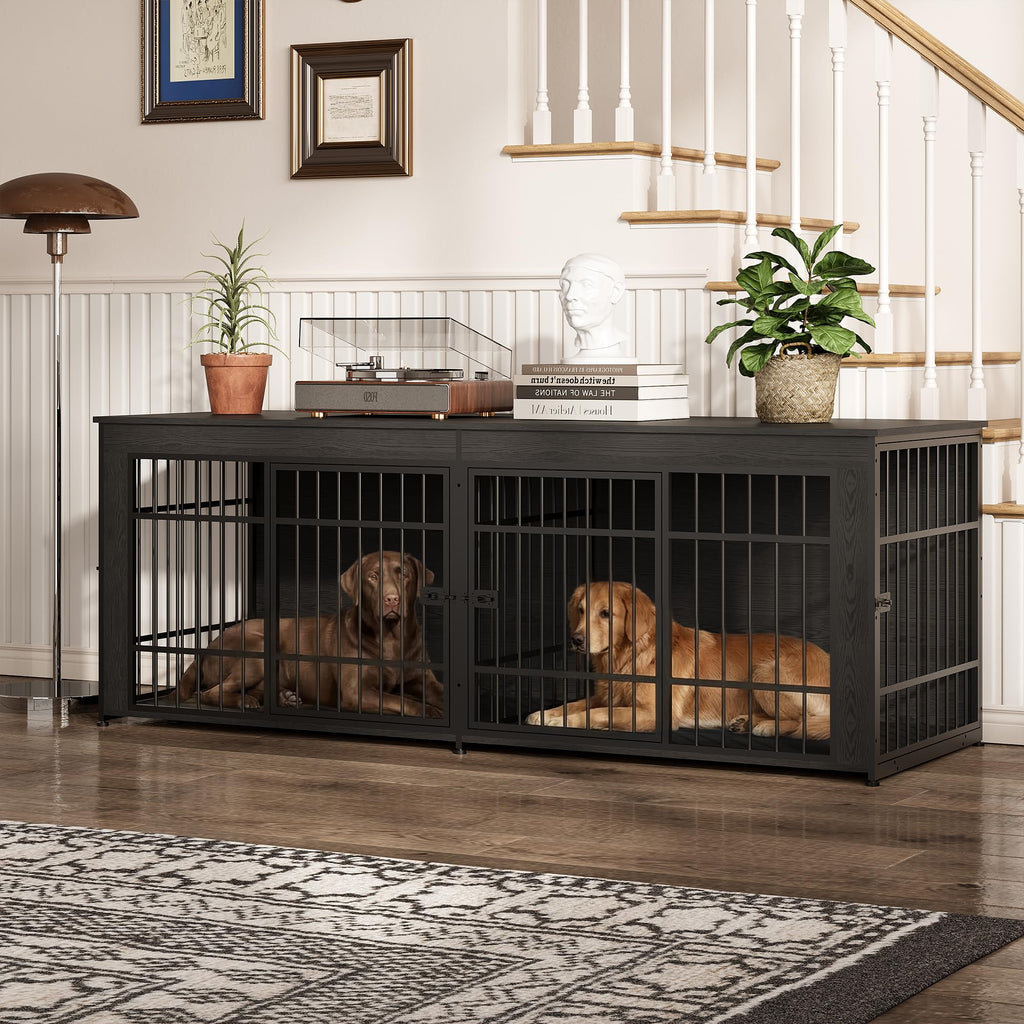 Garvee Heavy Duty Wooden Dog House Furniture – Large 3-in-1 Kennel, 4 Doors, Storage, End Table Style, Adjustable Feet, Vintage Gray, 6.6ft
