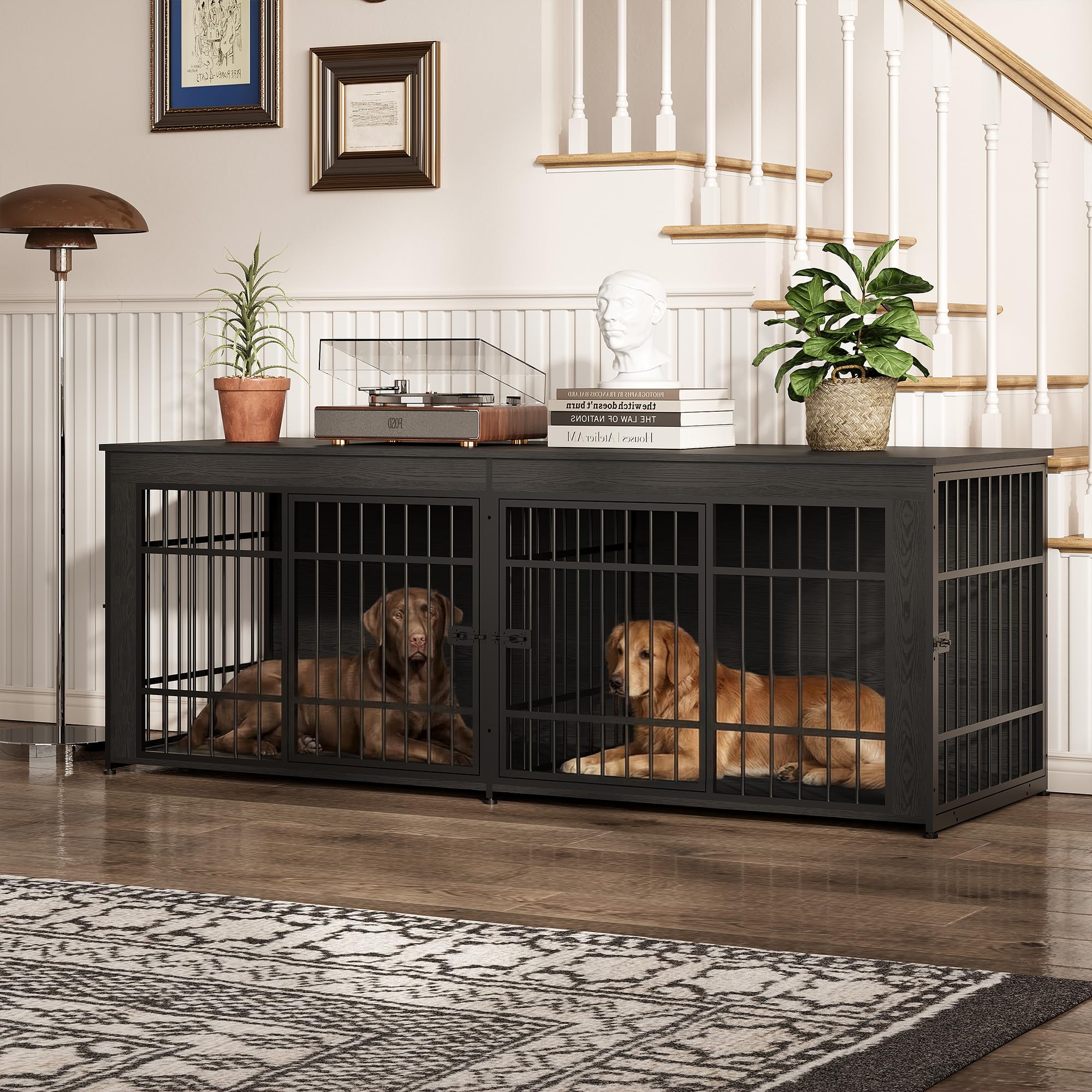 Garvee Heavy Duty Wooden Dog House Furniture – Large 3-in-1 Kennel, 4 Doors, Storage, End Table Style, Adjustable Feet, Vintage Gray, 6.6ft
