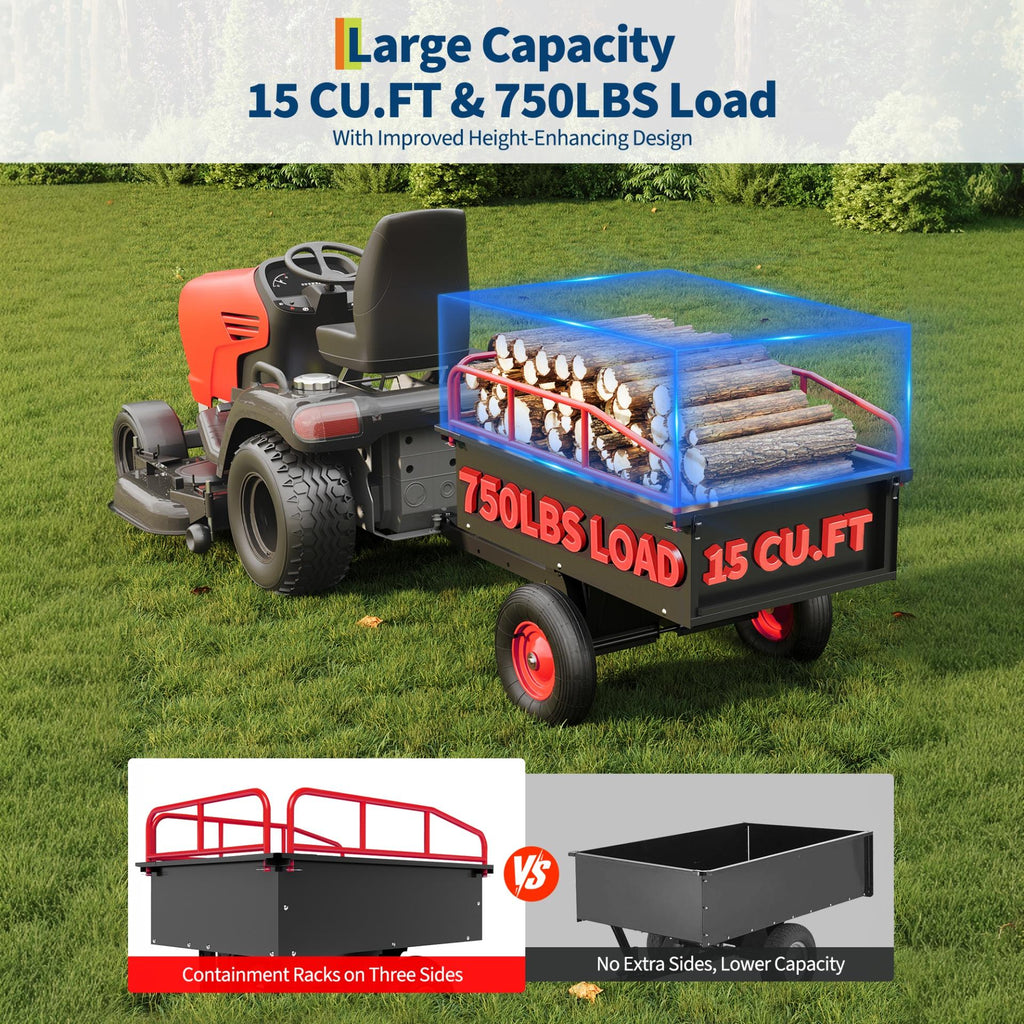 Garvee 750 LB Tow-Behind Steel Dump Cart, 15 Cu. Ft. Garden Wagon with 42.9 x 29.5 in Bed, Removable Rails & 15.35 in Tires, Black/Red