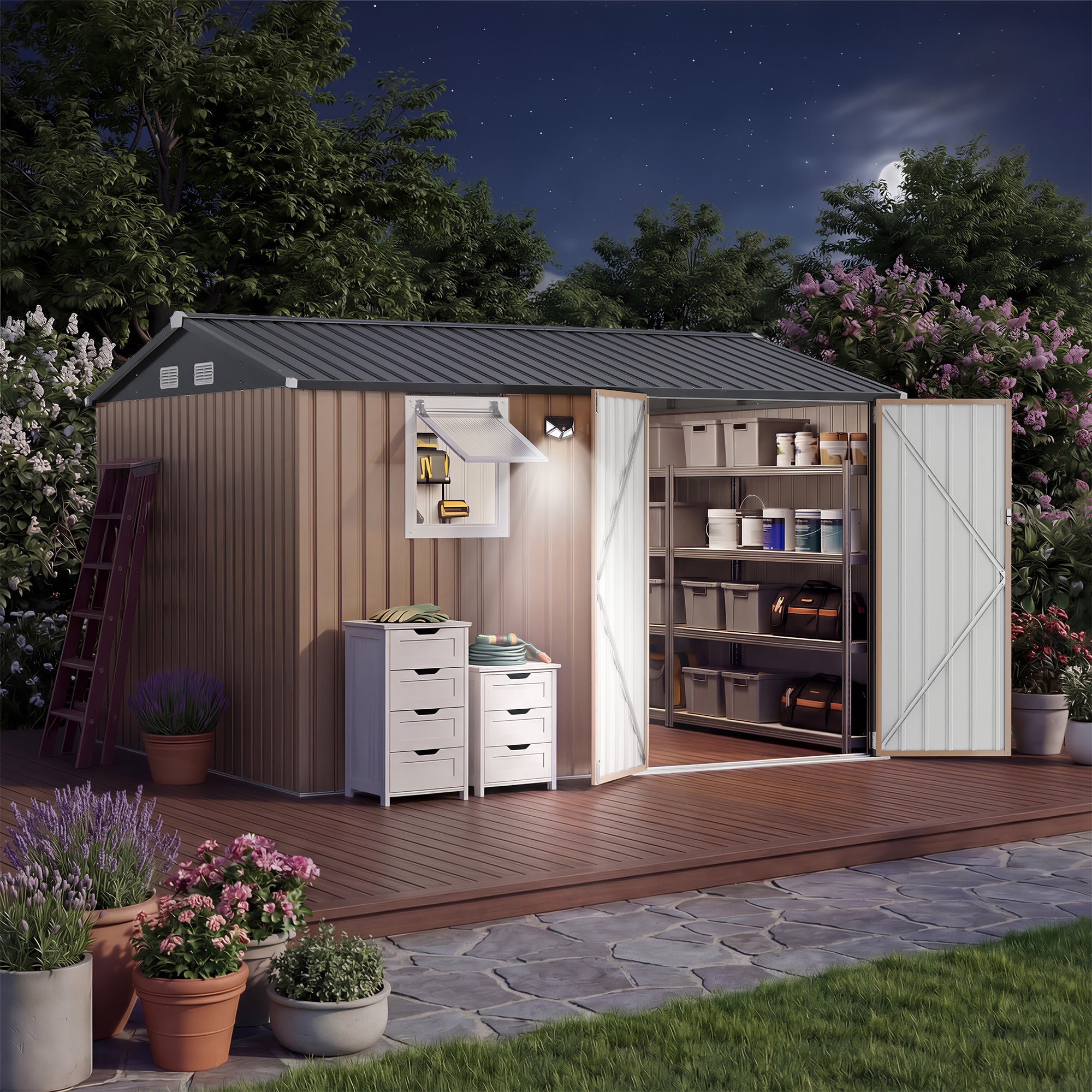 Garvee 10x8FT Brown Metal Outdoor Storage Shed with Pushable Window, LED Light & Pegboard, Lockable Double Doors, Sloping Roof, Ventilation, Corrosion-Resistant Steel Garden Tool Shed for Patio, Backyard & Garage