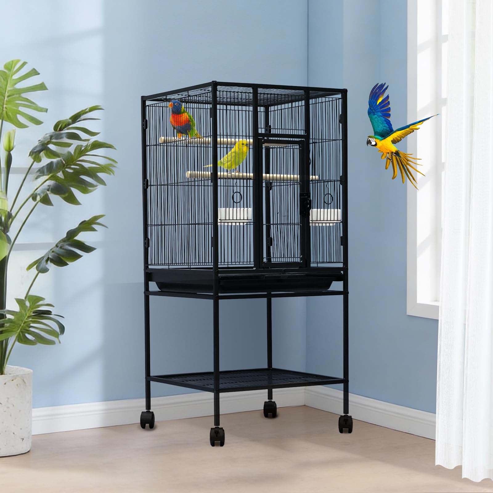 Garvee Large Bird Cage, 40.5"H Big Bird Cage with Stand for Parakeets Parrots Conures Lovebird Cockatiel Black