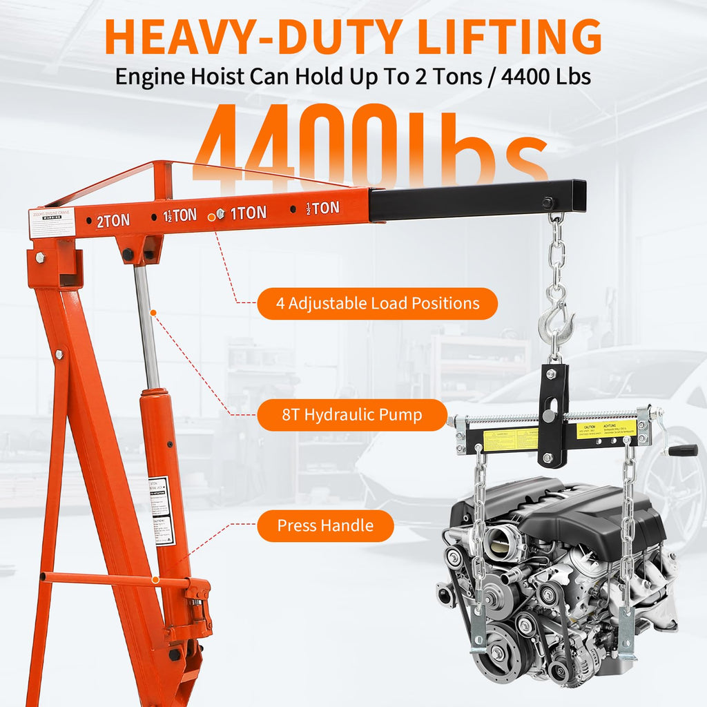 Garvee 2-Ton Folding Hydraulic Engine Hoist with Load Leveler, 4400 lbs Capacity, Heavy-Duty Cherry Picker with 6 Swivel Wheels, Hydraulic Pump, and Adjustable Boom (0.5T-2T), for Garage, Workshop, and Warehouse, Orange