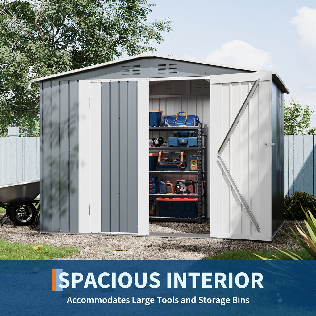 Garvee Weather-Resistant Metal Outdoor Storage Outdoor Storage 8x6 FT – Lockable Double Doors, Vents, Secure Garden Tool Organizer for Backyard, Patio, Lawn Equipment – Gray Color