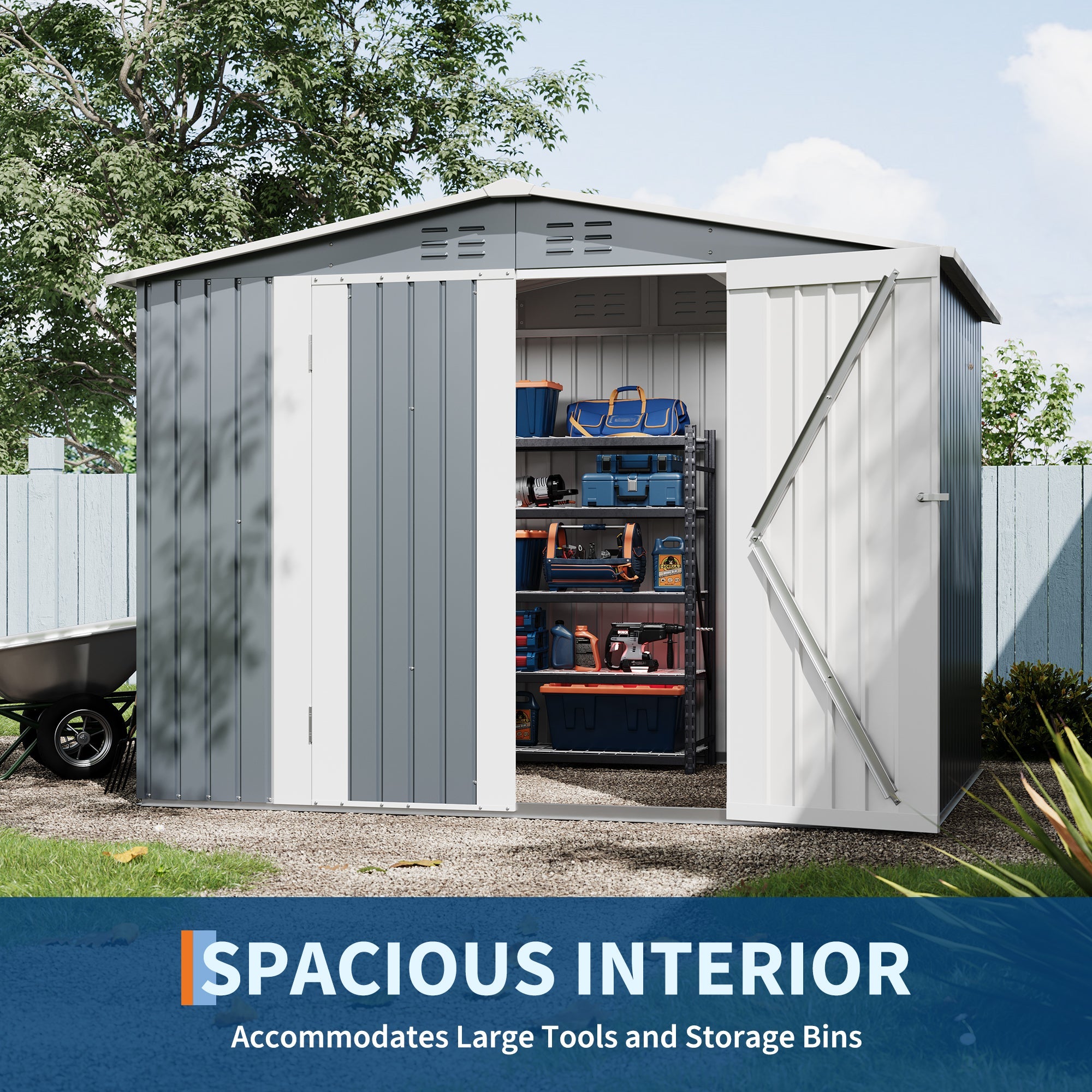 Garvee Weather-Resistant Metal Outdoor Storage Outdoor Storage 8x6 FT – Lockable Double Doors, Vents, Secure Garden Tool Organizer for Backyard, Patio, Lawn Equipment – Gray Color