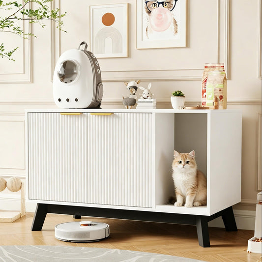 Garvee Cat Litter Box Enclosure Hidden Litter Box Furniture with Scratch Pad Cat House Wooden Cat Washroom Cabinet 2-in-1 for Living Room, Hallway, White