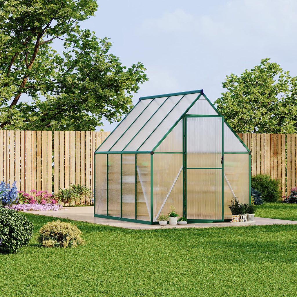 Garvee 6 × 7 FT Polycarbonate Greenhouse, Walk-In Outdoor Plant House with 4 mm Twin-Wall Panels, Aluminum Frame, Lockable Sliding Door, Roof Vent and Rain Gutters, Green