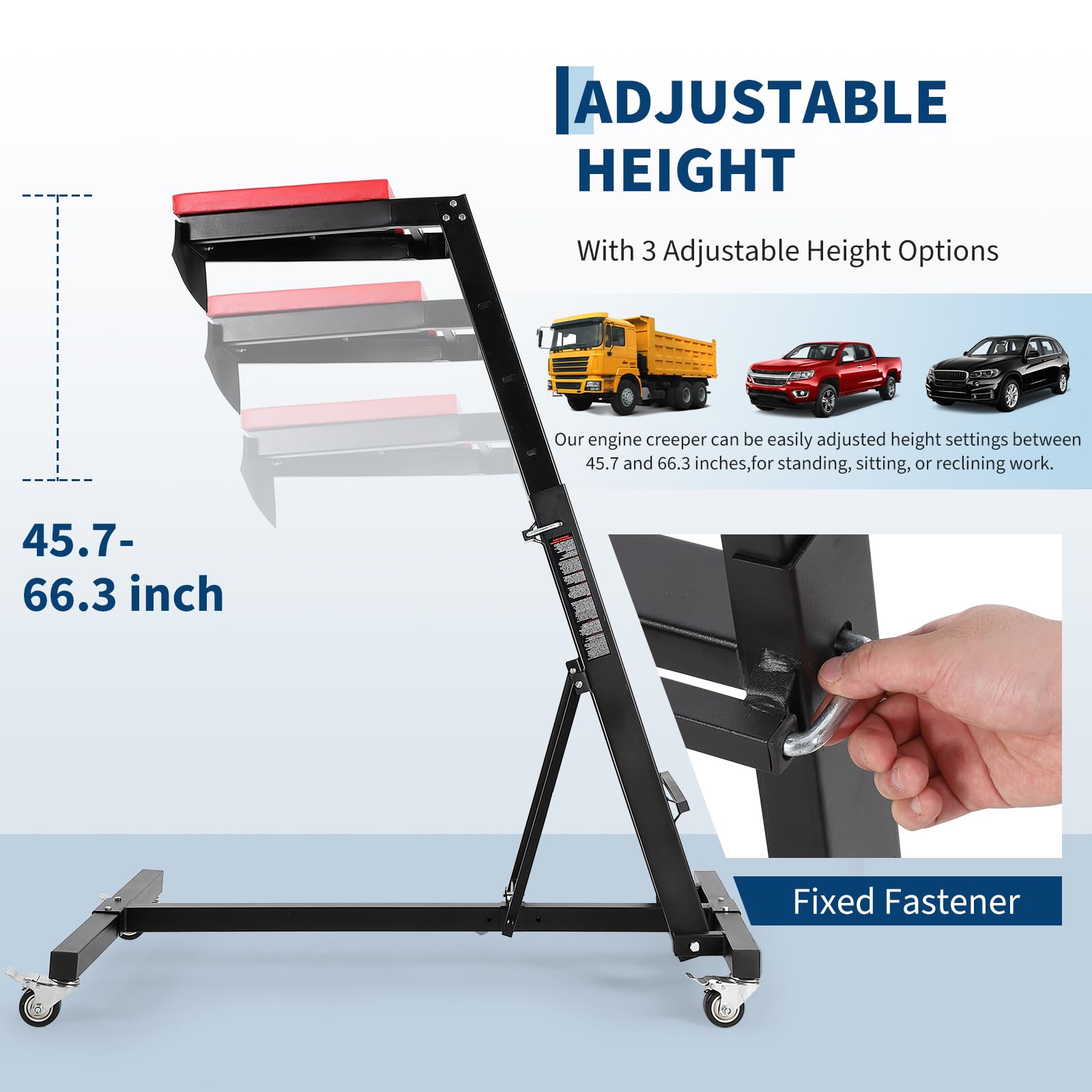 Garvee Automotive Engine Creeper - Heavy-Duty Foldable Steel Frame with Adjustable Height (45.7"-66.3"), Padded Deck, 6 Wheels, and 400 lbs Capacity for Auto Repair, Black, Vertical Base