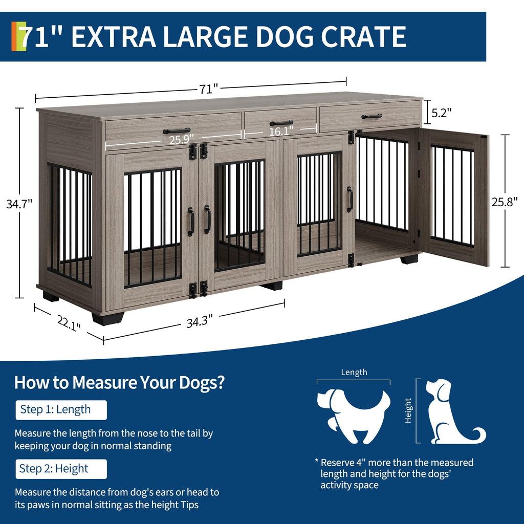 Garvee 71" Large Dual-Room Dog Crate with 3 Drawers, Double Doors, Metal & Wood, Storage & Security, Grey, Indoor Furniture Style