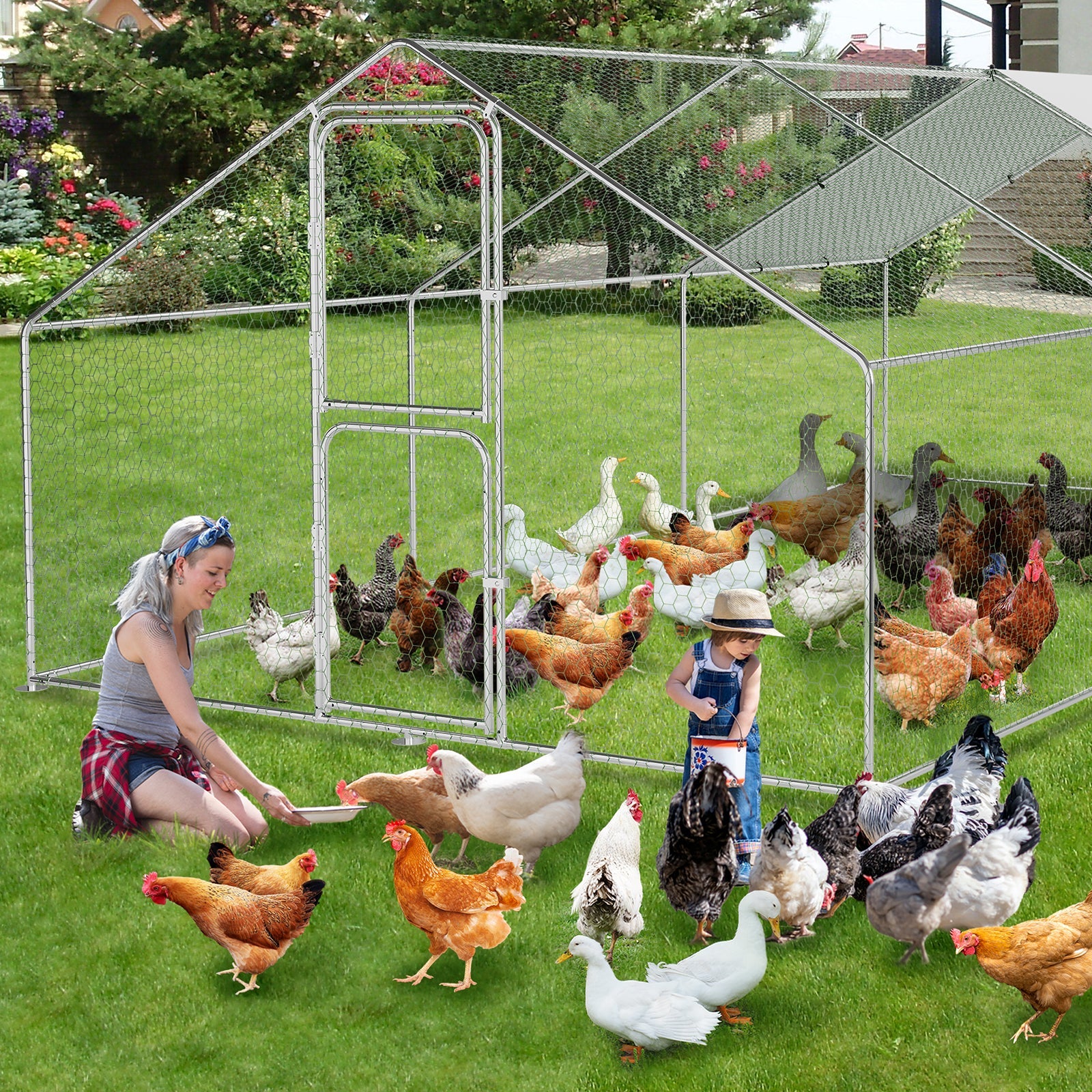 Garvee Heavy-Duty Walk-In Metal Chicken Coop for Backyard & Farm – Double Lockable Doors, Galvanized Frame, Waterproof UV-Resistant Cover, Peaked Roof, Large Poultry Hen House, 9.8' W x 19.7' L x 6.6' H