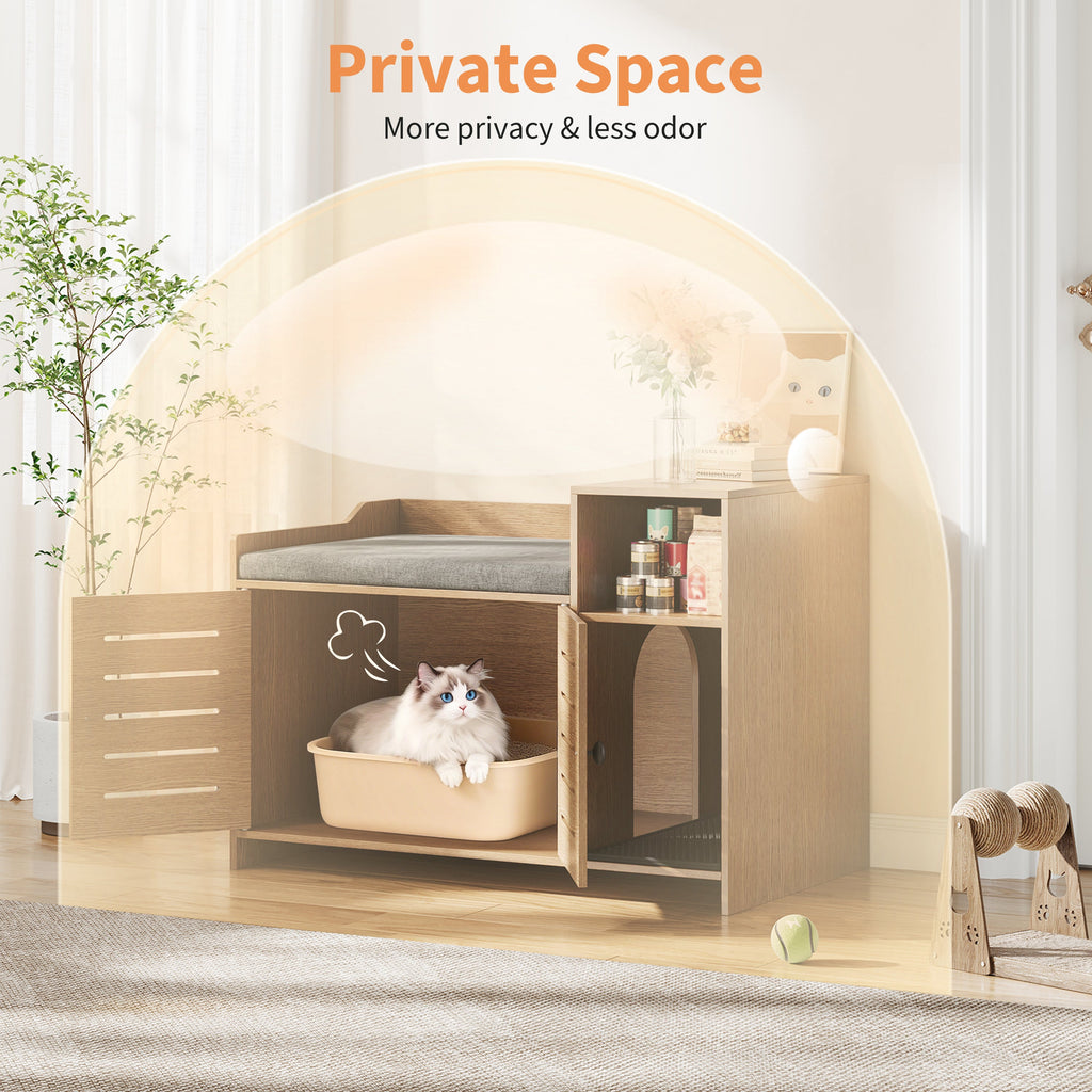 Garvee Cat Litter Box Enclosure, Hidden Litter Box Furniture with Litter Mat & Storage Shelf, Farmhouse Indoor Cat House Cabinet for Hallway, Bedroom, Oak