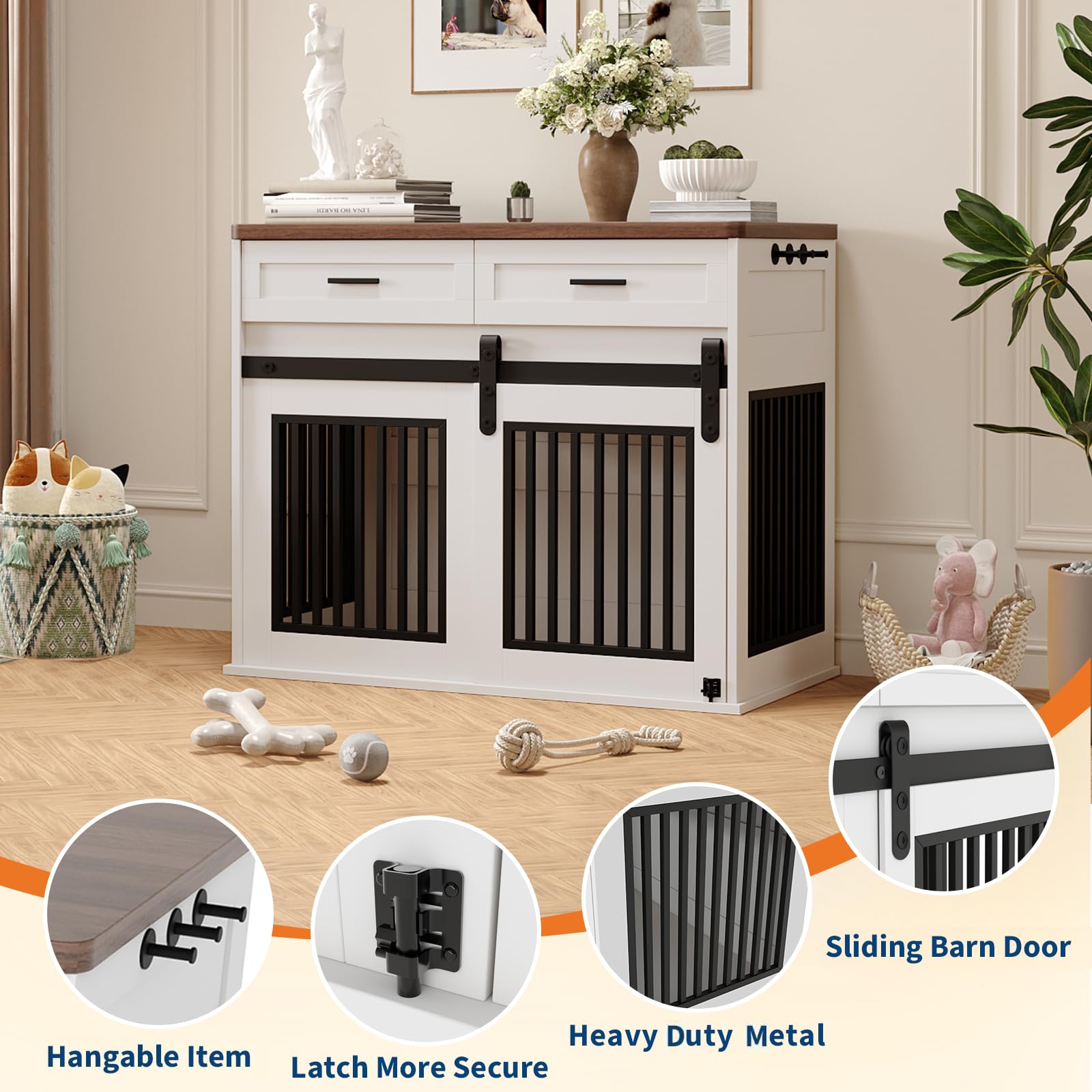 Garvee Heavy Duty Wooden Dog Crate Furniture with Sliding Barn Door and 2 Storage Drawers, Indoor Dog Kennel End Table with Hook, Farmhouse Style Dog Crates for Medium/Large Dogs, White