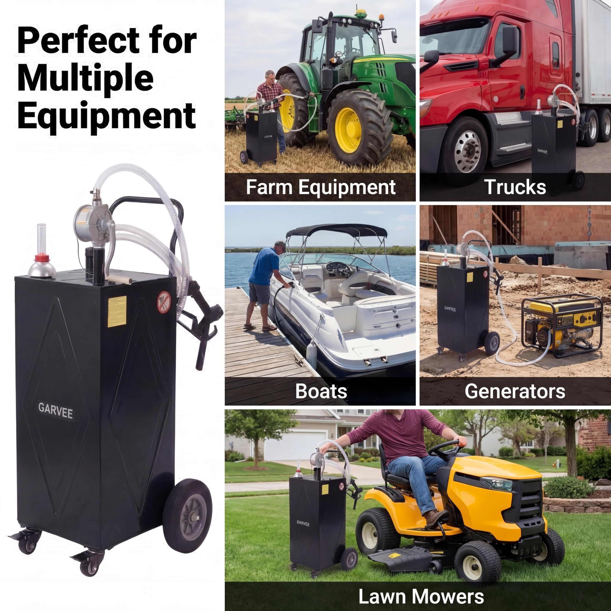 Garvee 35 Gallon Heavy Duty Portable Fuel Caddy – Manual Rotary Pump, Steel Gasoline & Fuel Transfer Tank, Reinforced 4 All-Terrain Wheels, Mobile Storage for Trucks, Boats, ATVs, Lawn Mowers, Farm Equipment – Reinforced 4-wheel design - Black - Li Junjie