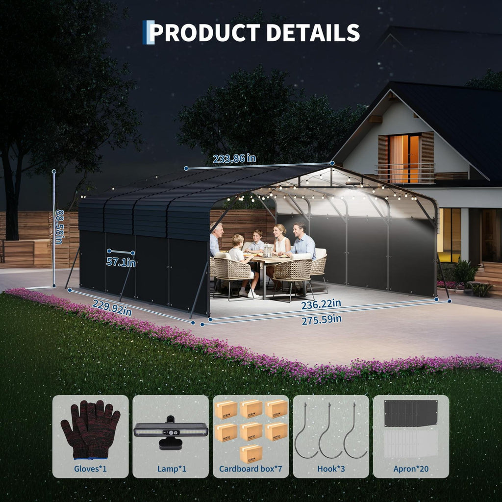 Garvee Metal Carport, 20x20 ft Heavy Duty 2-Car Outdoor Garage with Galvanized Steel Roof, LED Light, Reinforced Base & Removable PE Sidewalls