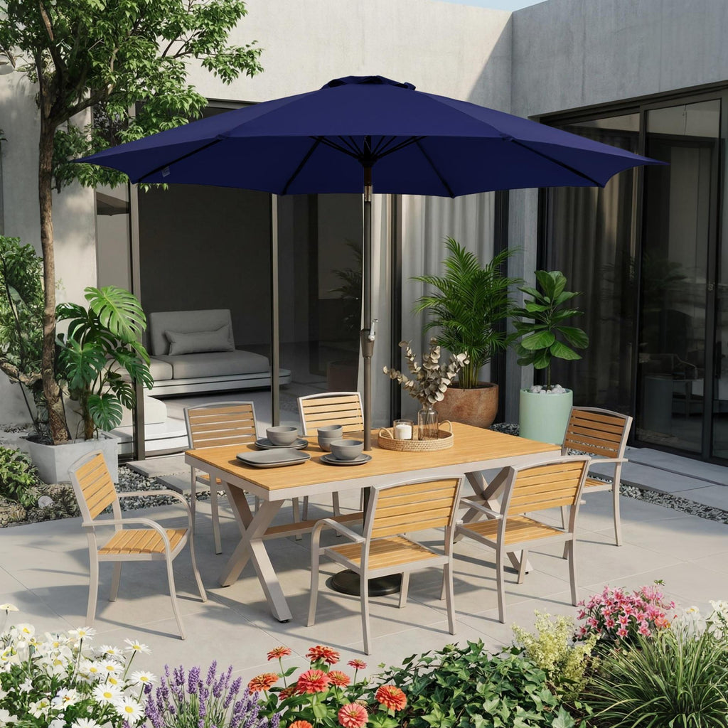 Garvee 9FT Outdoor Patio Umbrella, Navy Blue Market Table Umbrella with Push Button Tilt, Crank Lift, 8 Sturdy Ribs, UV-Resistant Waterproof Sun Shade for Garden, Backyard, Deck & Pool