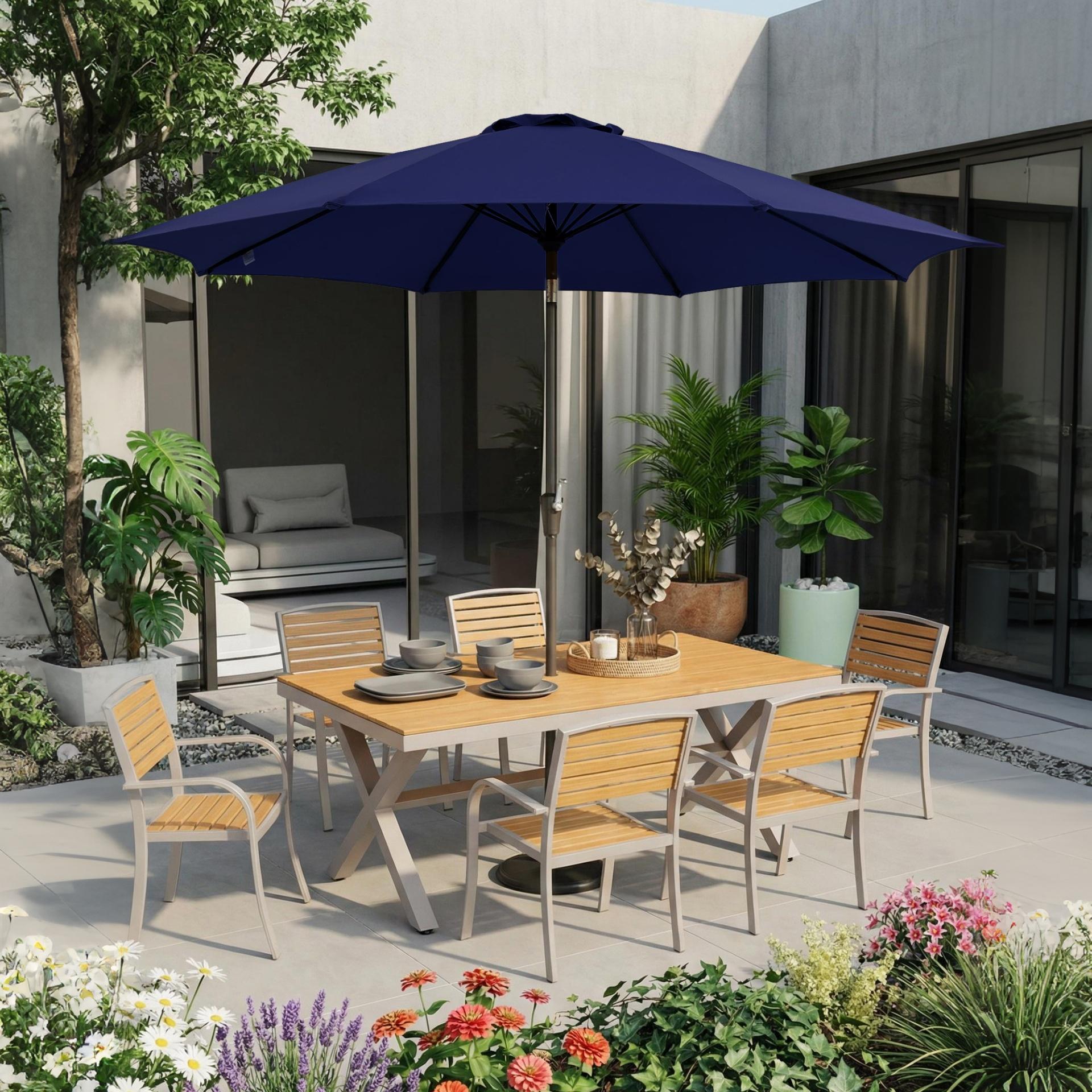 Garvee 9FT Outdoor Patio Umbrella, Navy Blue Market Table Umbrella with Push Button Tilt, Crank Lift, 8 Sturdy Ribs, UV-Resistant Waterproof Sun Shade for Garden, Backyard, Deck & Pool
