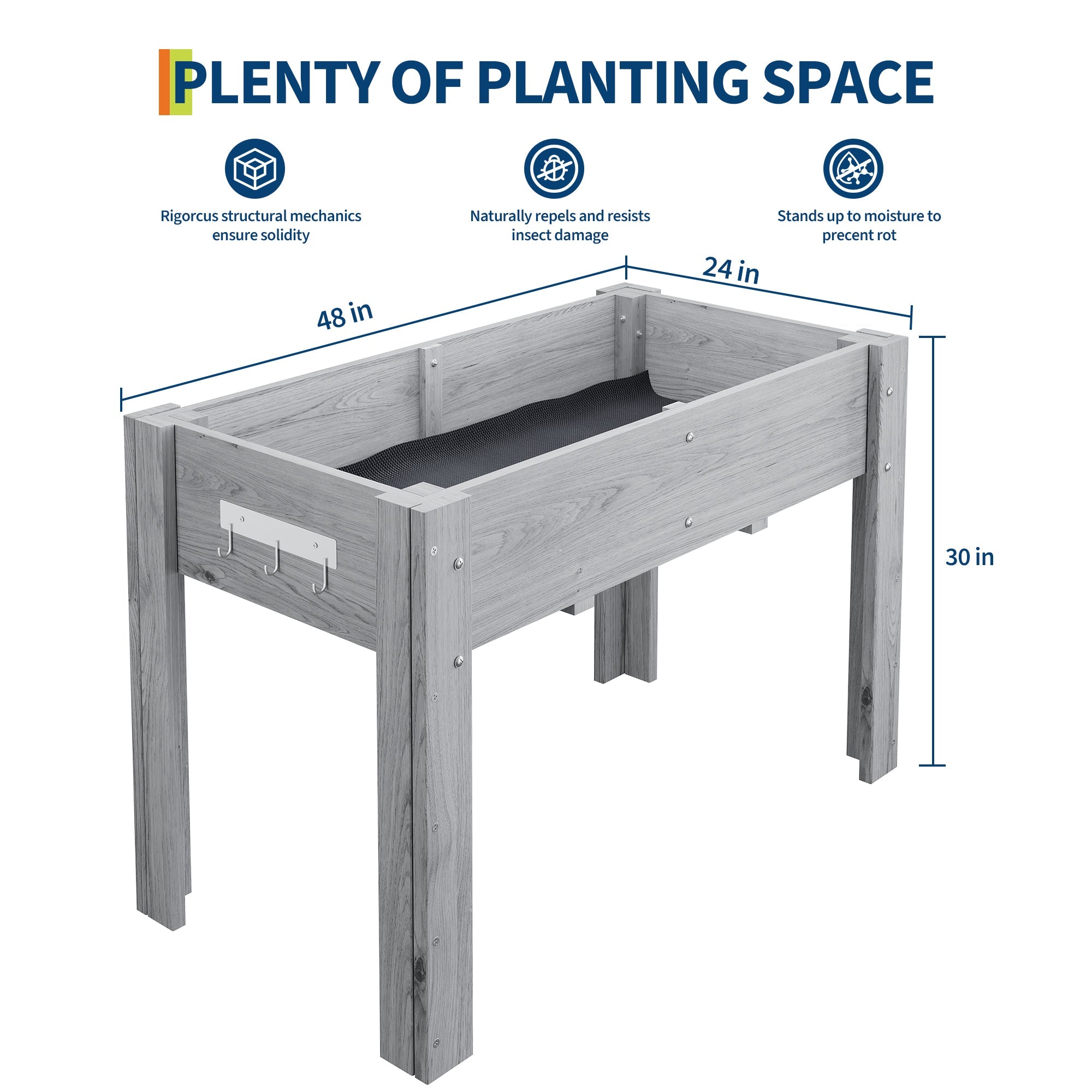 Garvee Ergonomic Wooden Raised Garden Bed with Legs & Hooks, 47" x 30" x 22" Large Outdoor Planter Box with Non-Woven Liner, Easy Assembly for Vegetables, Herbs & Flowers, Gray