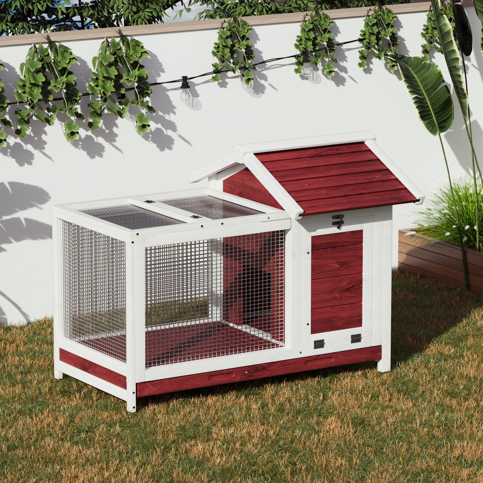 Garvee Large Outdoor Rabbit Hutch, Weatherproof 2-Story Bunny Cage with Removable Wire Netting, Wooden Indoor Outdoor Pet House, Waterproof Roof & Pull-Out Tray, White