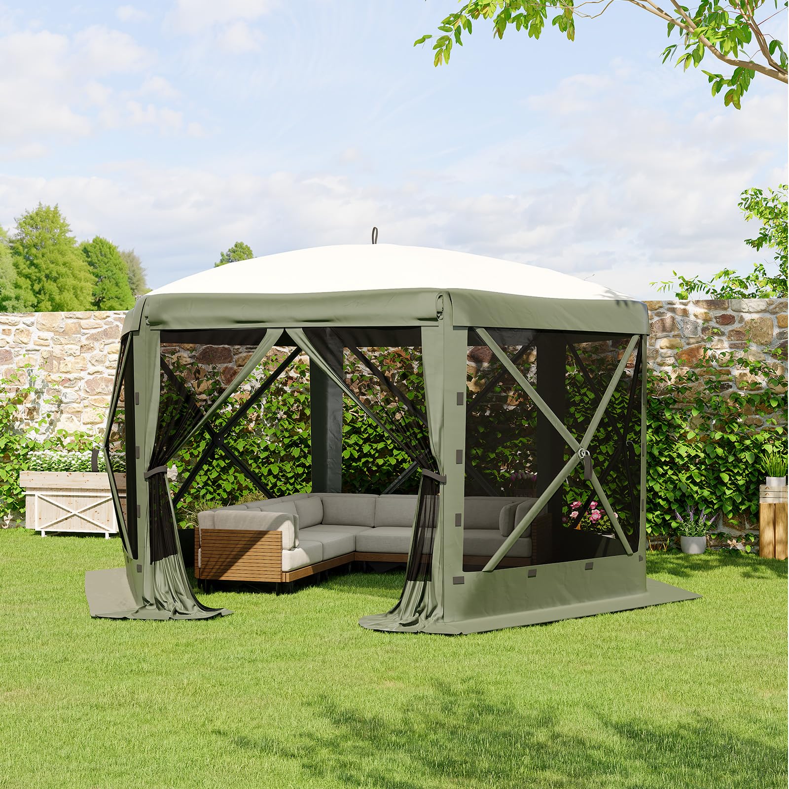 Garvee 11.7 ft Hexagon Screen Tent, 230 cm High Instant Pop Up Canopy with 6 Wind Panels, 210D Polyester Mesh Walls for Camping, Patio & Backyard, Green