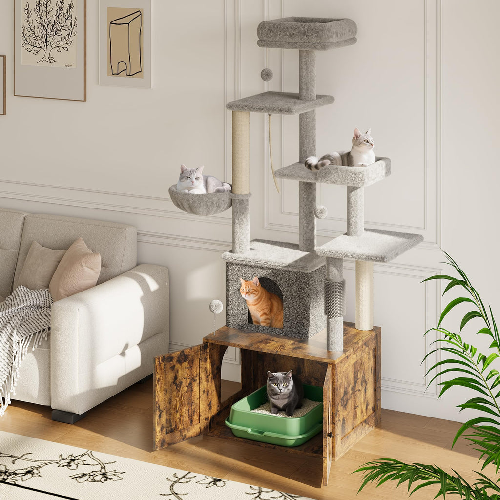 Garvee Litter Box Enclosure with Cat Tree, 2 in-1 Modern Cat Tower, Hidden Washroom Furniture, Wood Cat Condo with Scratching Post and Hammock, Indoor Pet Furniture with Multiple Platform, Retro Brown