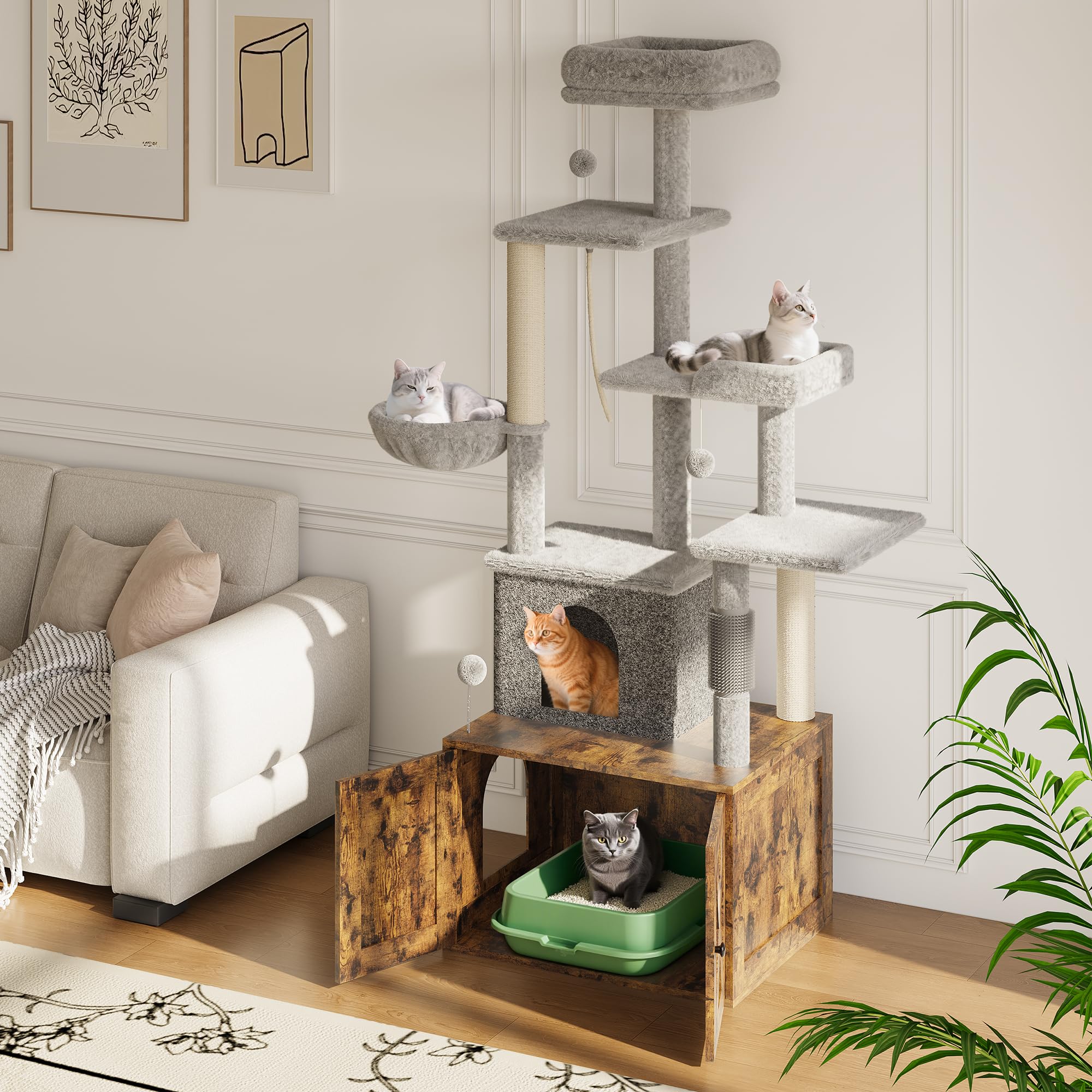 Garvee Litter Box Enclosure with Cat Tree, 2 in-1 Modern Cat Tower, Hidden Washroom Furniture, Wood Cat Condo with Scratching Post and Hammock, Indoor Pet Furniture with Multiple Platform, Retro Brown