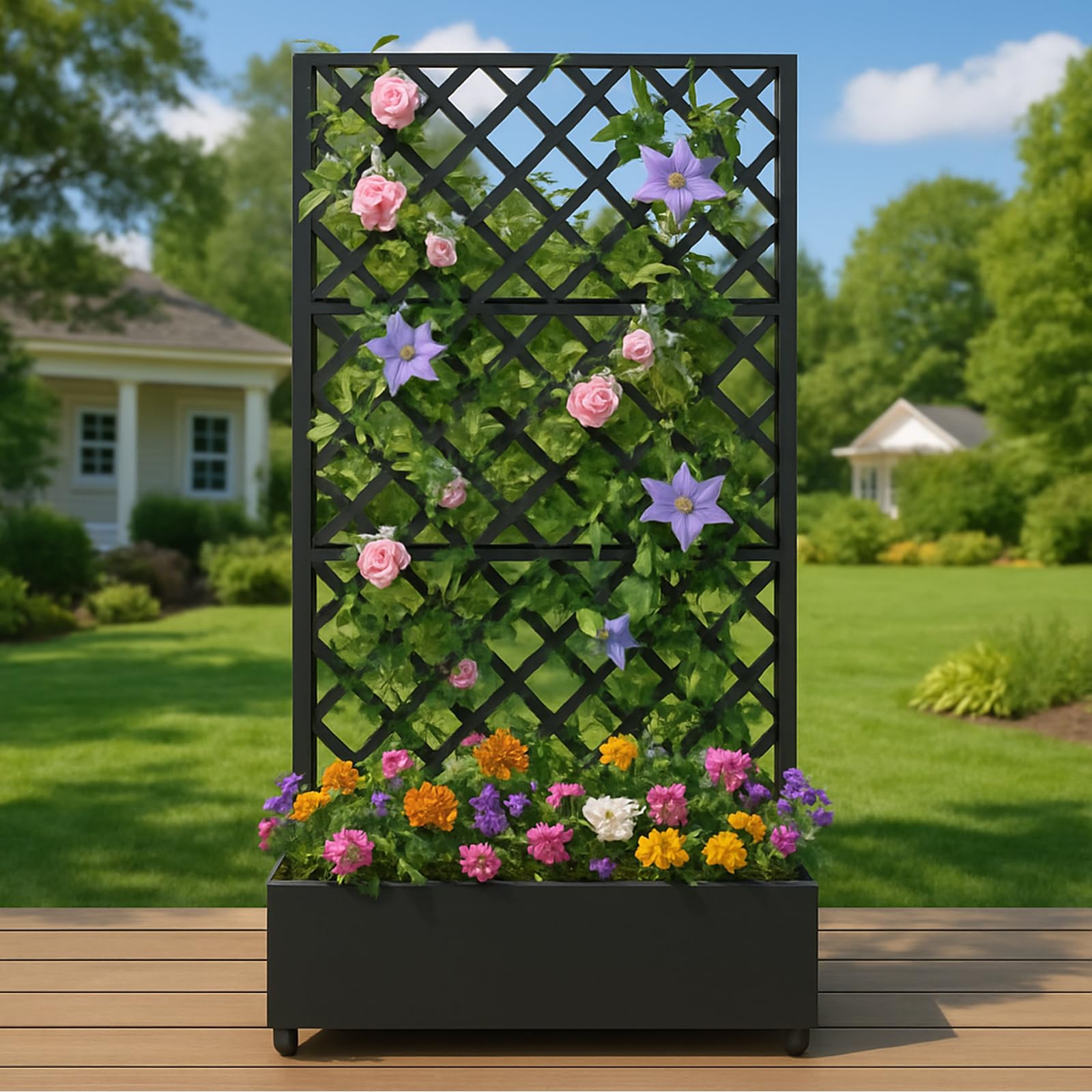 Garvee Metal Planter Box with Diamond Lattice Trellis - 72"x35" Galvanized Raised Garden Bed on Wheels for Climbing Plants and Vines, Black Finish