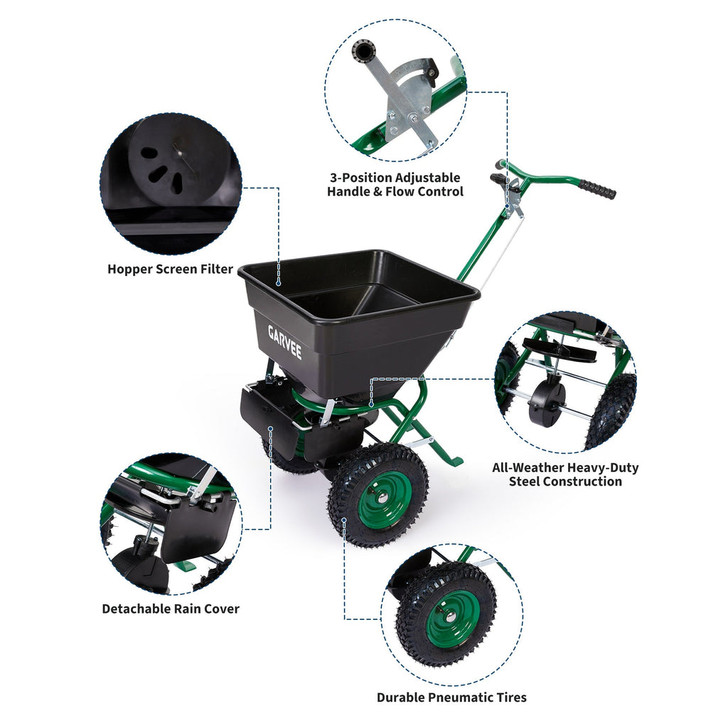 Garvee 100 lb Push Broadcast Spreader with 12' Spread Width, Adjustable Drop Rate, 10" Pneumatic Tires, Rain Cover & Gloves for Seed, Fertilizer, Salt and Ice Melt, Black & Dark Green