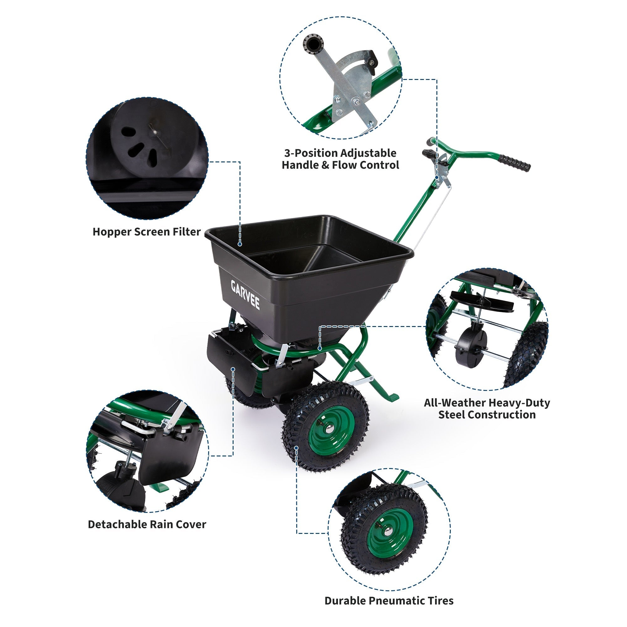 Garvee 100 lb Push Broadcast Spreader with 12' Spread Width, Adjustable Drop Rate, 10" Pneumatic Tires, Rain Cover & Gloves for Seed, Fertilizer, Salt and Ice Melt, Black & Dark Green