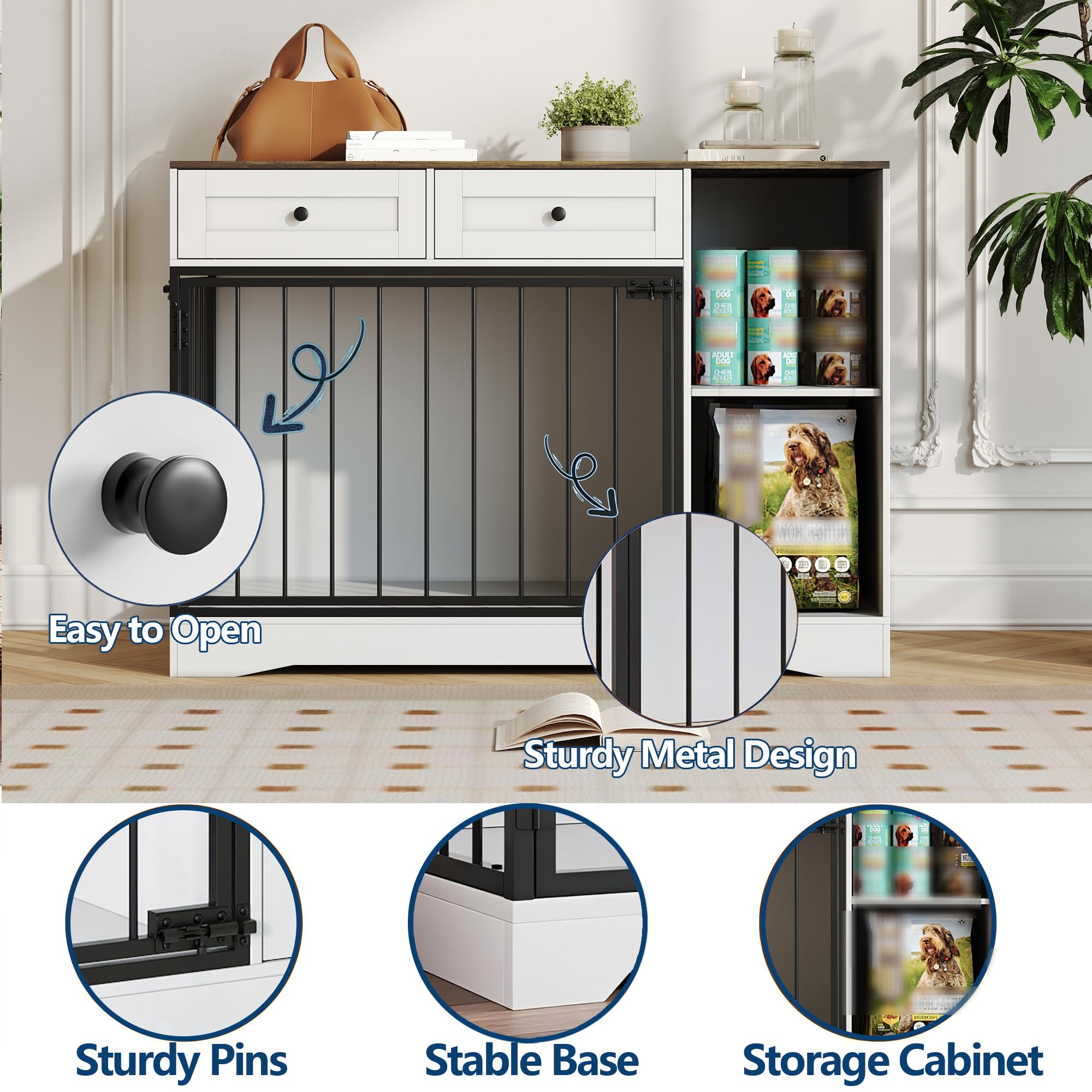 Garvee Farmhouse Dog Crate Furniture, 47" Modern Indoor Kennel with Double Doors, TV Stand & Buffet Cabinet, Dog Cage End Table with 2 Drawers & Storage for Small & Medium Dogs