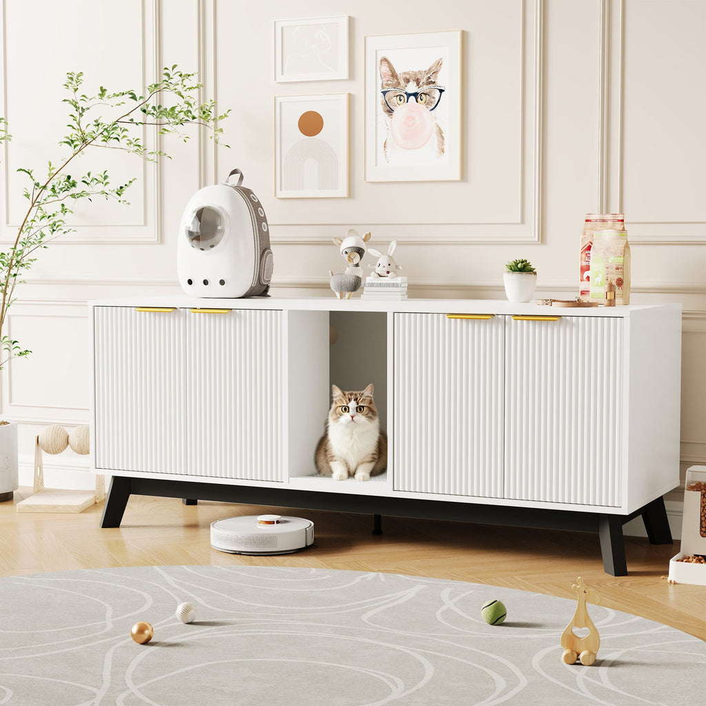 Garvee Double Cat Litter Box Enclosure Furniture, Hidden Litter Box Furniture with Litter Collector & Scratch Pad, Wooden Litter Box Cabinet, Cats House, White