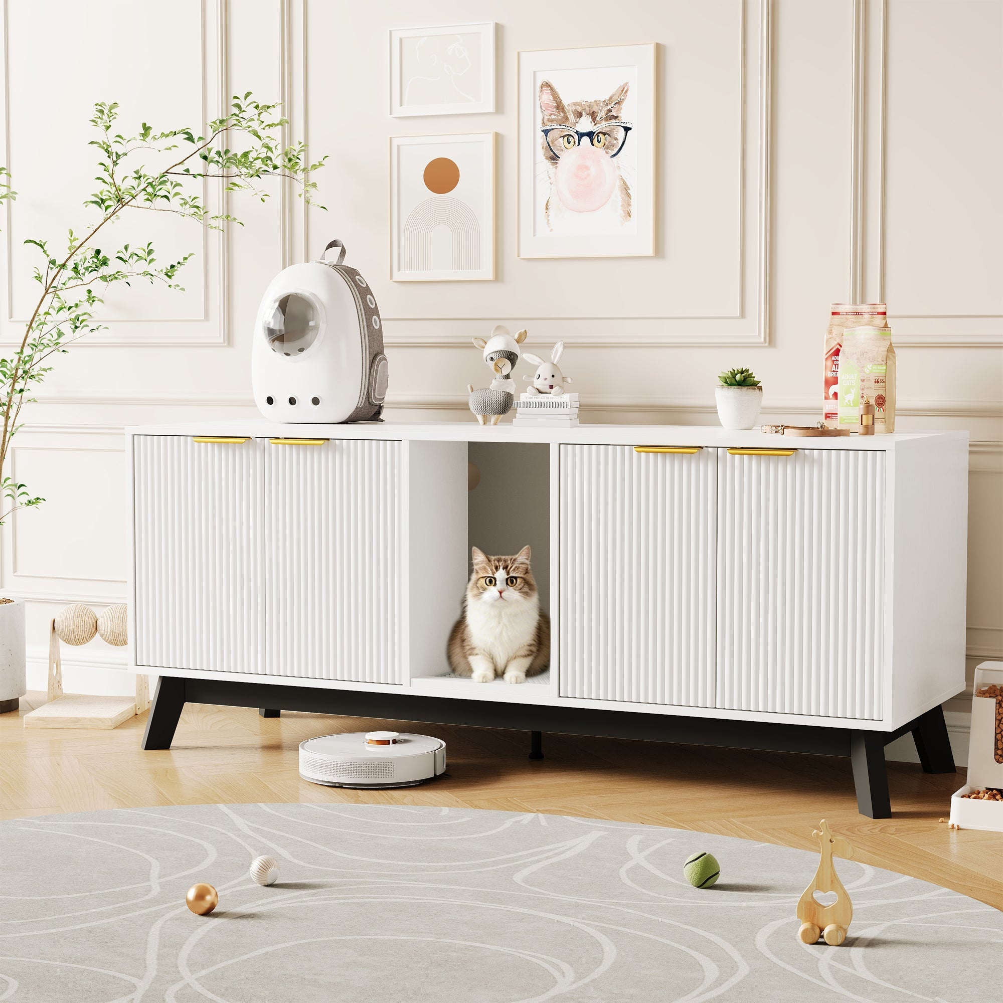 Garvee Double Cat Litter Box Enclosure Furniture, Hidden Litter Box Furniture with Litter Collector & Scratch Pad, Wooden Litter Box Cabinet, Cats House, White