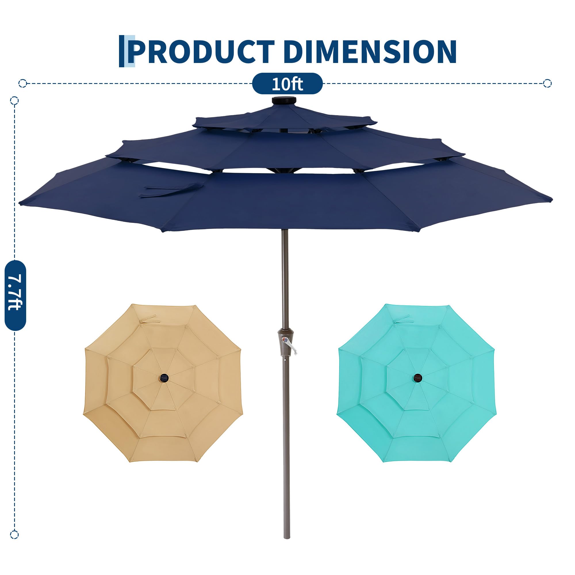 Garvee 10 FT Solar Patio Umbrella, 3-Tier Vented Canopy with 24 LED Lights, 8-Rib Steel Frame, Crank Tilt Outdoor Umbrella for Backyard, Pool & Deck, Blue