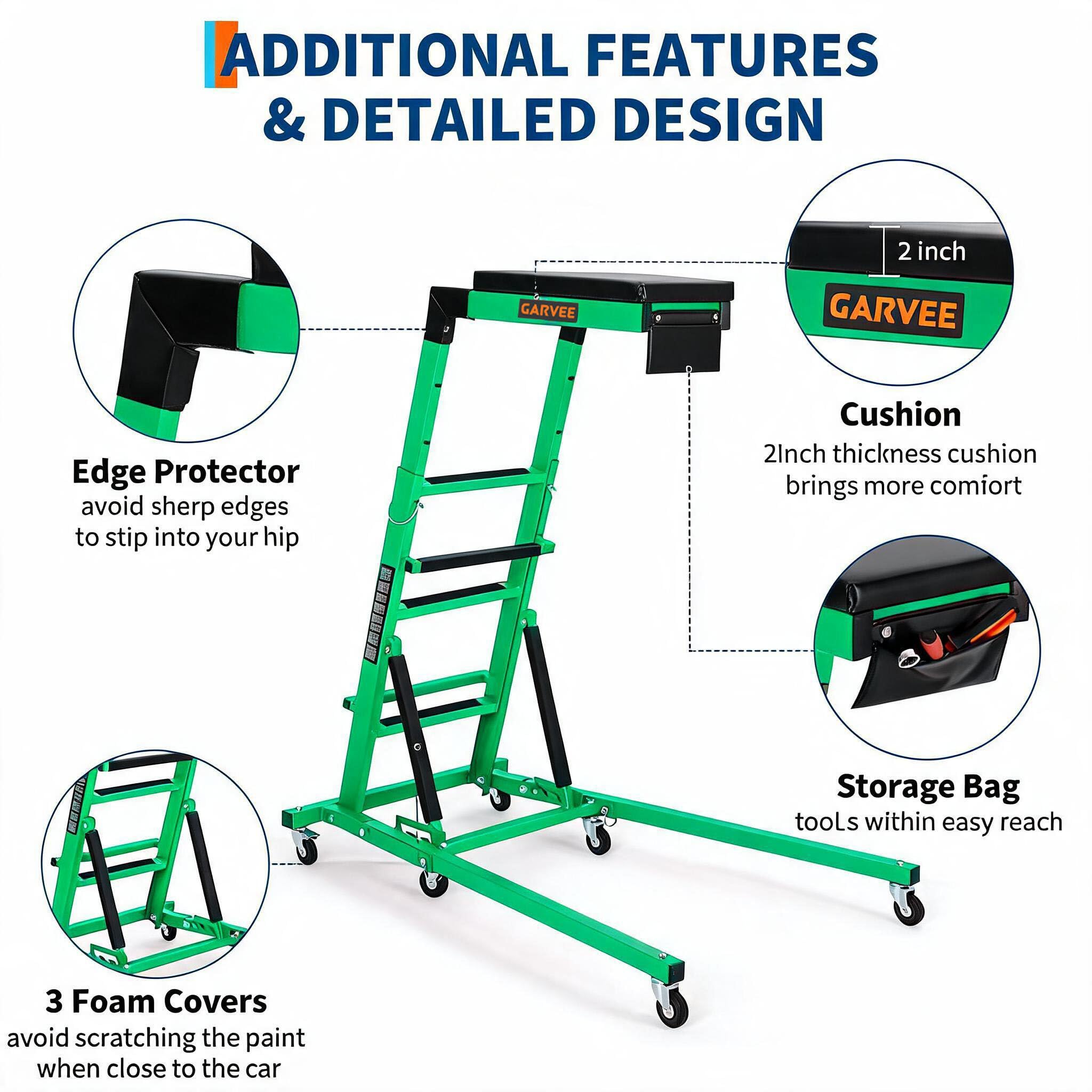 Garvee Heavy Duty Over-Engine Creeper for Mechanics – Adjustable Height 48-68 in, 400 lbs Capacity, Collapsible Design, 6 Swivel Casters, Thick Cushion, Tool Pouch – Ideal for Garage Workshop – Green Engineering (RAL 6024)