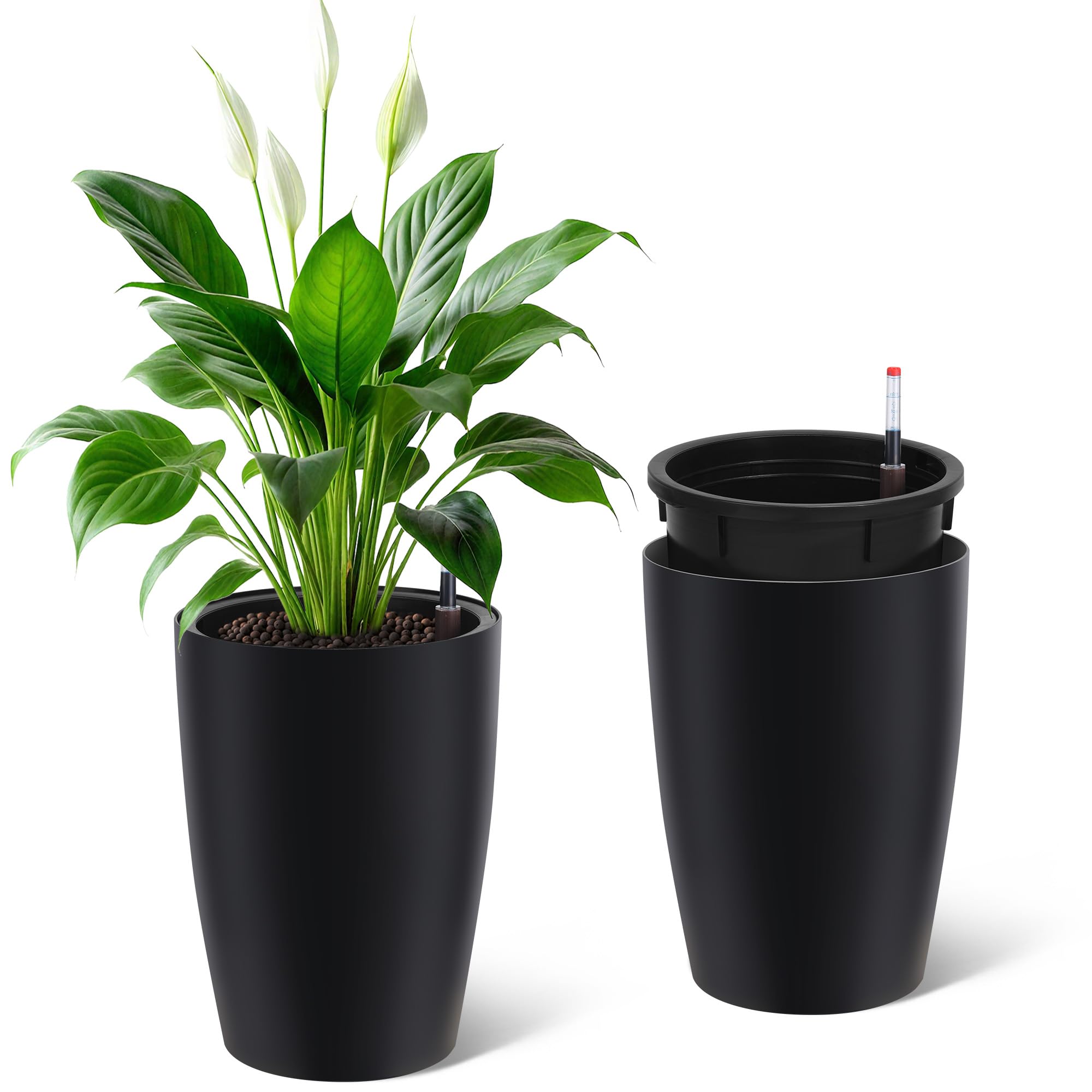 Garvee Self-Watering Tall Planters for Indoor and Outdoor Use, 2-Pack 16-Inch Black Plastic Pots with 2 Water Gauges and Built-In Drainage