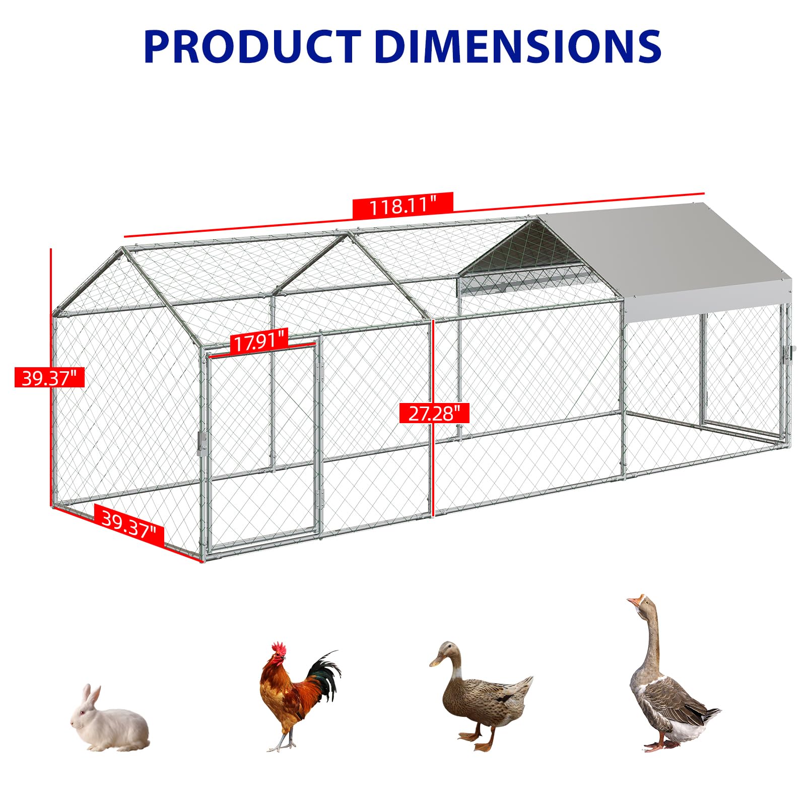 Garvee 118" x 39" Large Metal Chicken Coop with Outdoor Run - Galvanized Steel Poultry Cage with Waterproof Weather Cover & 2 Easy-Access Doors for Backyard Chickens, Ducks, & Rabbits (Silver)