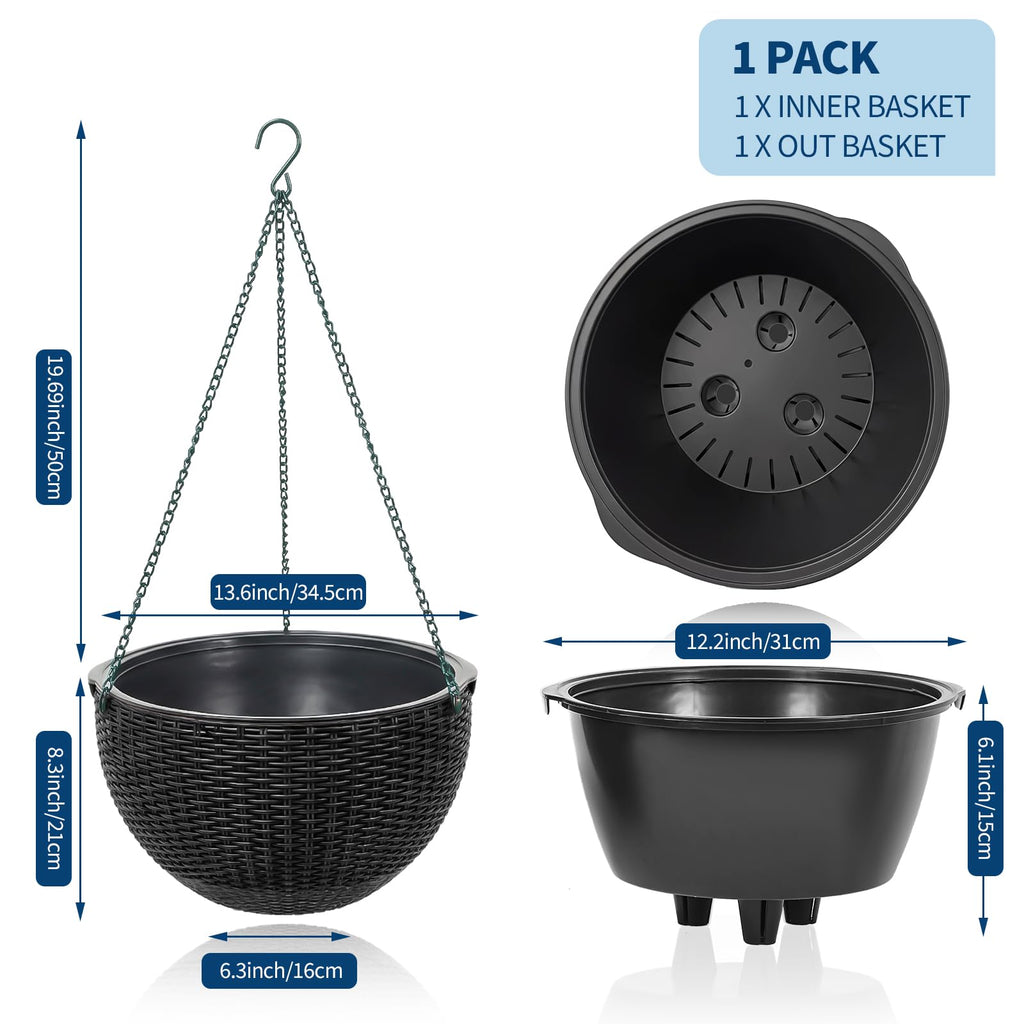 Garvee Self-Watering Hanging Planters for Indoor & Outdoor Plants, 4-Pack 13.8 in Resin Baskets with Rattan Look, Drainage Plugs and Triple-Chain Hangers