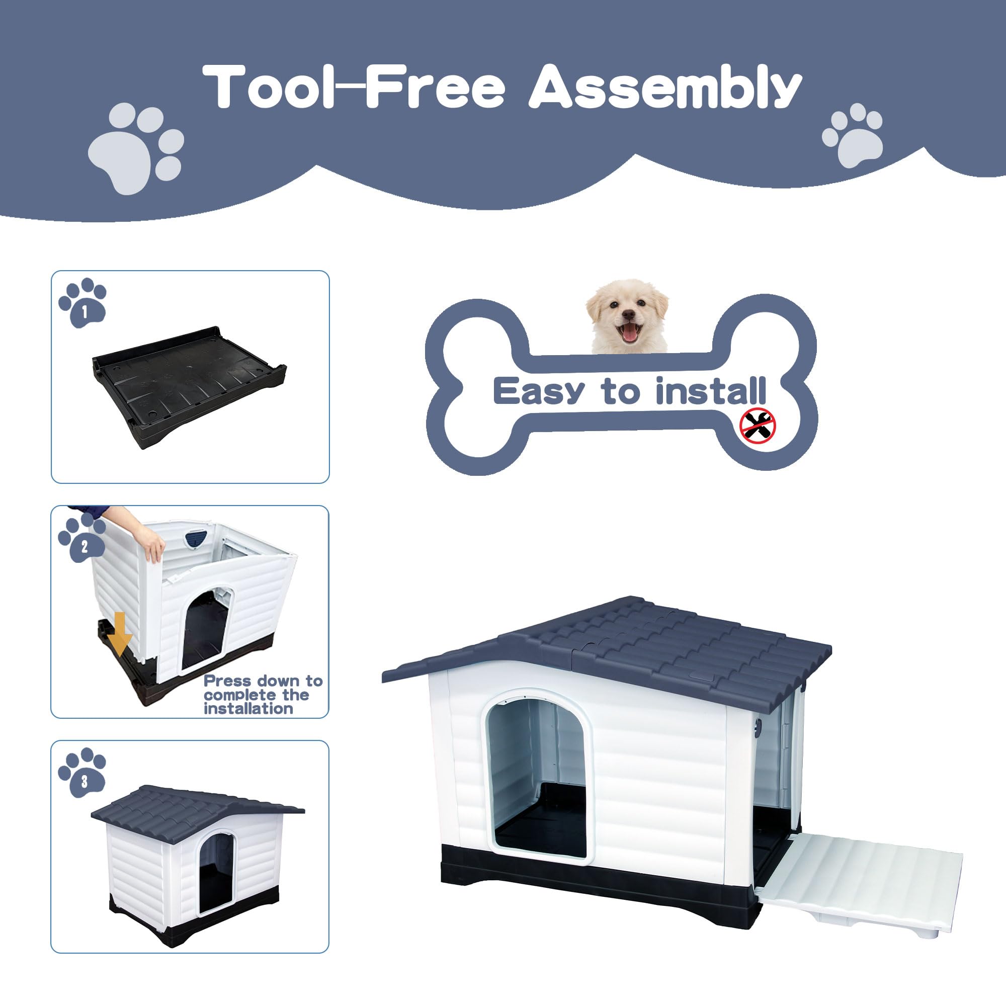 Garvee 2-Door Large Dog House for Indoor and Outdoor Dog House with Fold-Out Porch Elevated Base, Waterproof Pet House for Small and Medium Dogs, Easy Assembly, Gray (38''L x 26''W x 31''H)