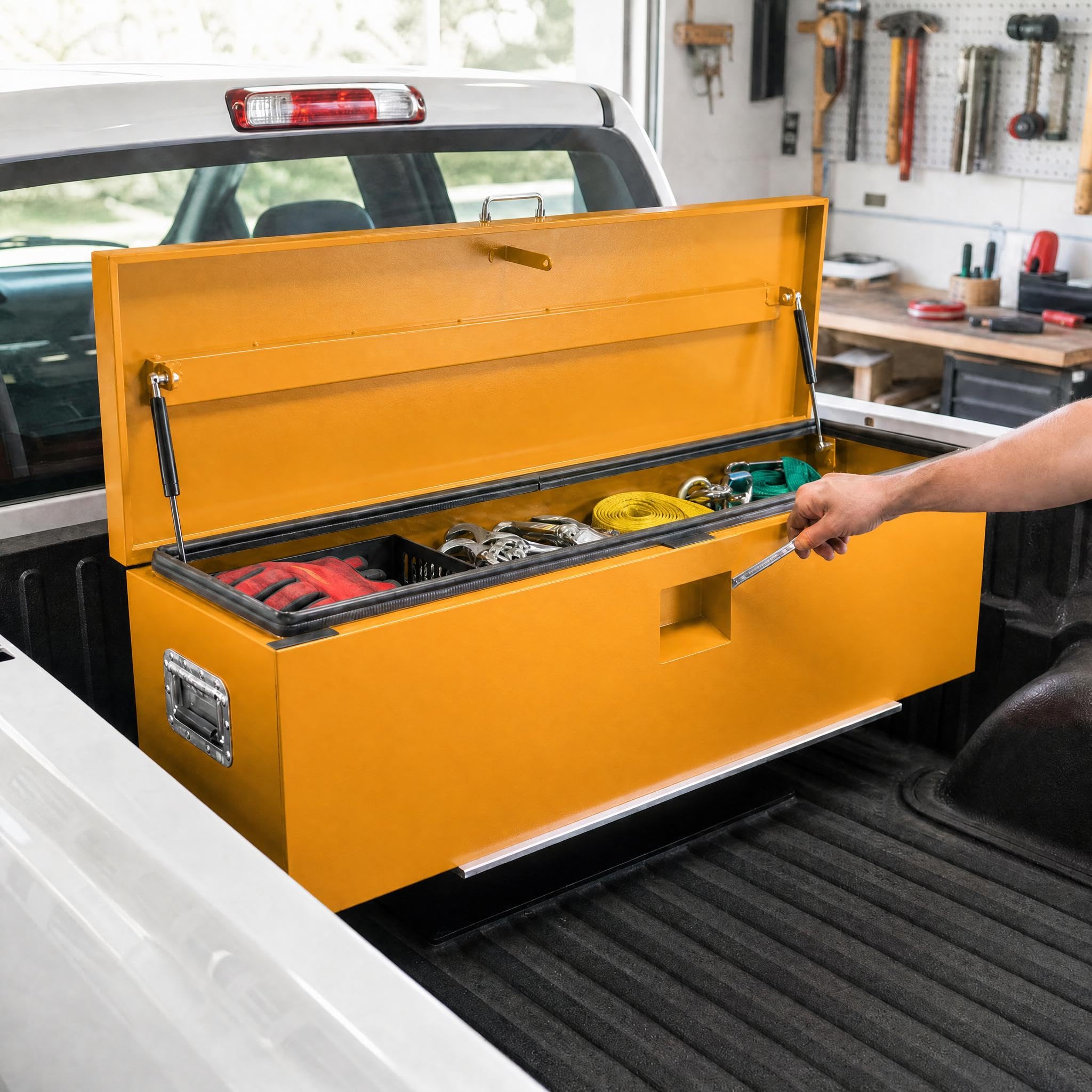 Garvee 42"X16"X14" Heavy Duty Lockable Steel Truck Bed Toolbox – Dual Lids, Weatherproof Powder-Coated, Front & Side Handles, Gas Struts for Pickup, RV, Trailer, Yellow