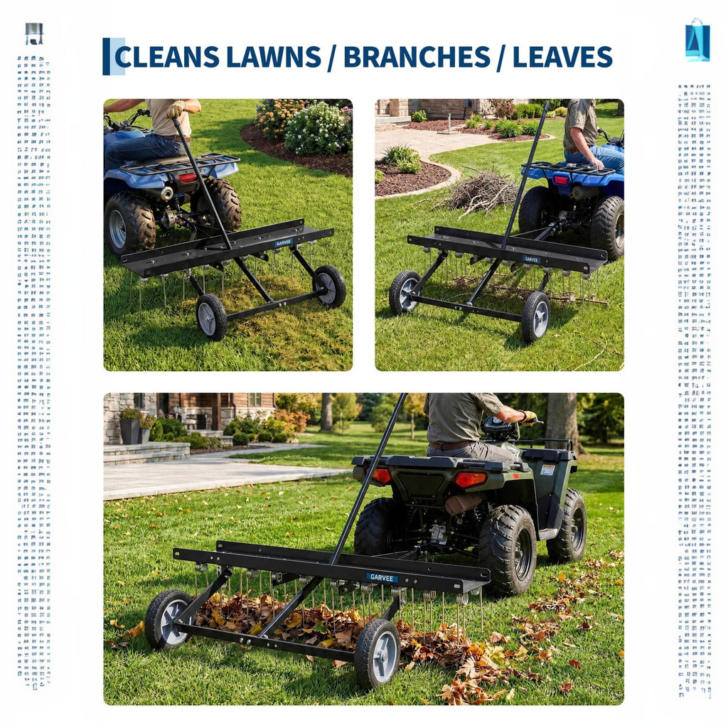 Garvee 48" Tow Behind Lawn Dethatcher, 24 Spring Steel Tines with 330 lb Ballast Tray for Large Yards