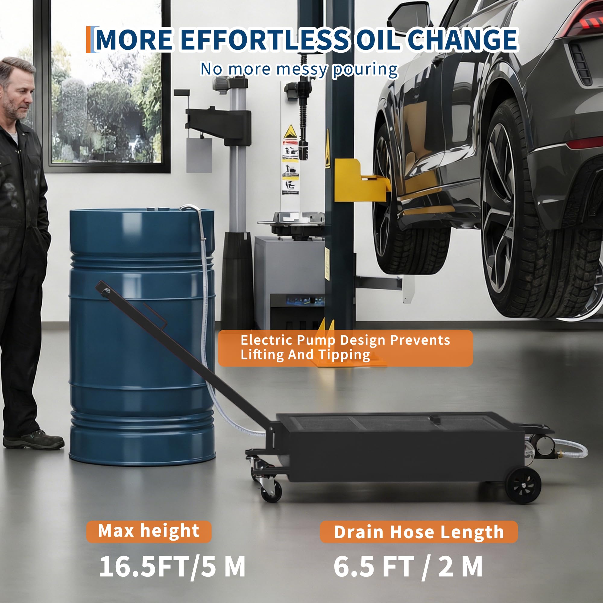 Garvee 15-Gallon Low-Profile Oil Pan with 12V Pump & 8 GPM Flow, Carbon Steel, Lockable Casters, 2m Hose - Cars, SUVs, Motorcycles