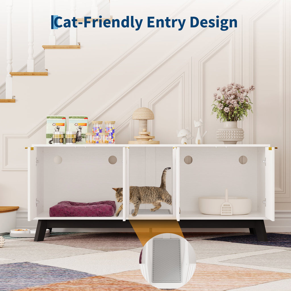 Garvee Double Cat Litter Box Enclosure Furniture, Hidden Litter Box Furniture with Litter Collector & Scratch Pad, Wooden Litter Box Cabinet, Cats House, White