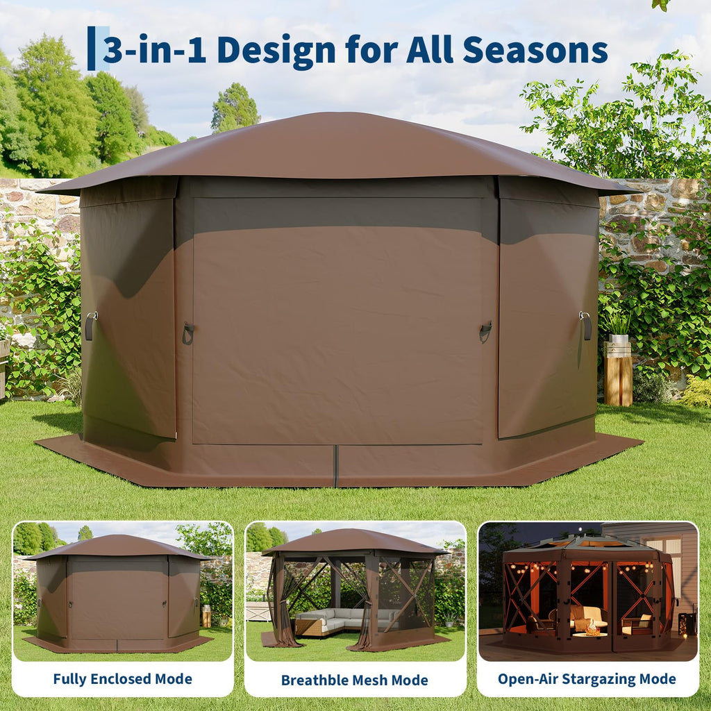 Garvee 13' x 13' Khaki Screen Tent, Quick-Set 6-Sided Canopy Shelter with Removable Top & Mesh Walls, Bite-Proof Outdoor Sun Shade for Camping, Patio & Backyard