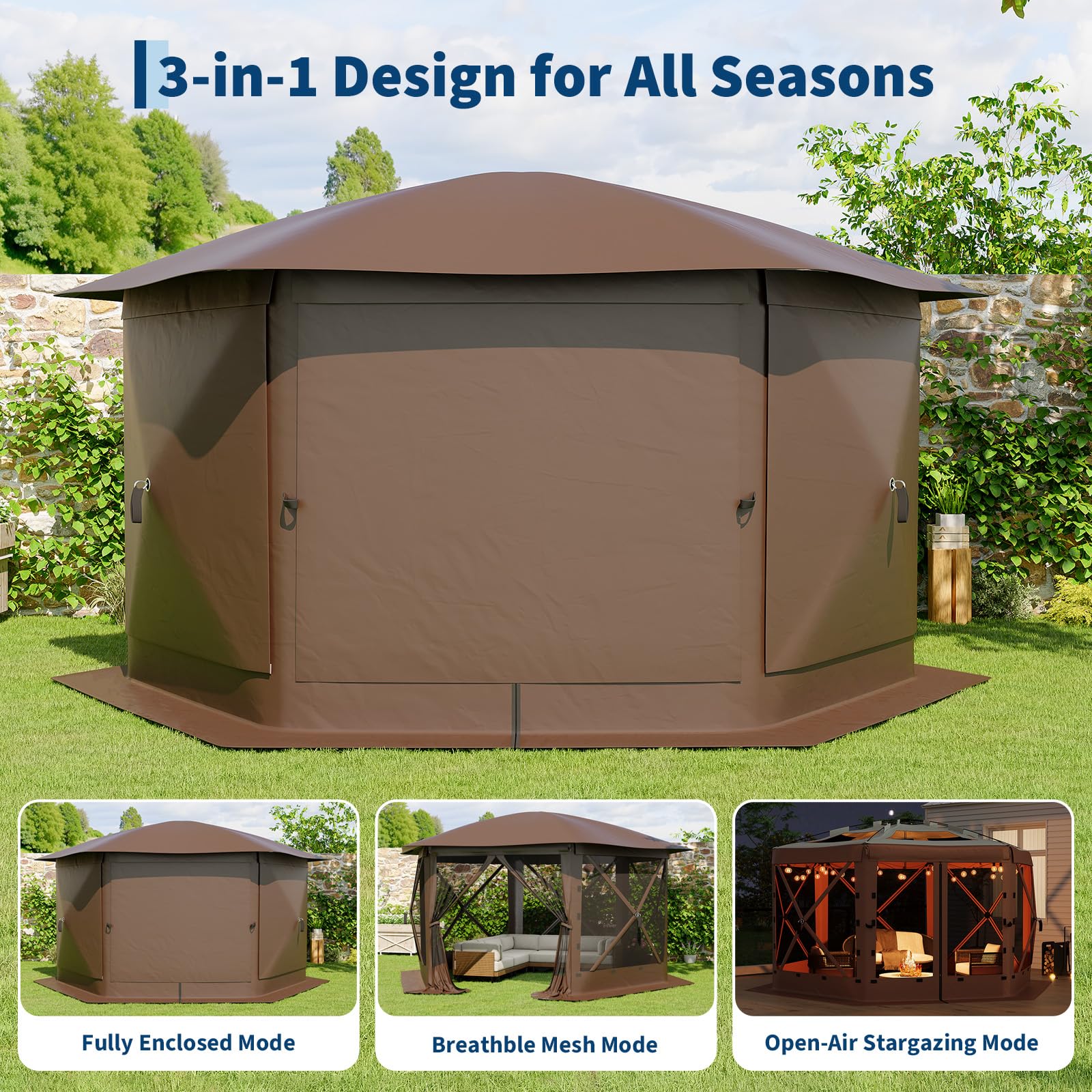 Garvee 13' x 13' Khaki Screen Tent, Quick-Set 6-Sided Canopy Shelter with Removable Top & Mesh Walls, Bite-Proof Outdoor Sun Shade for Camping, Patio & Backyard