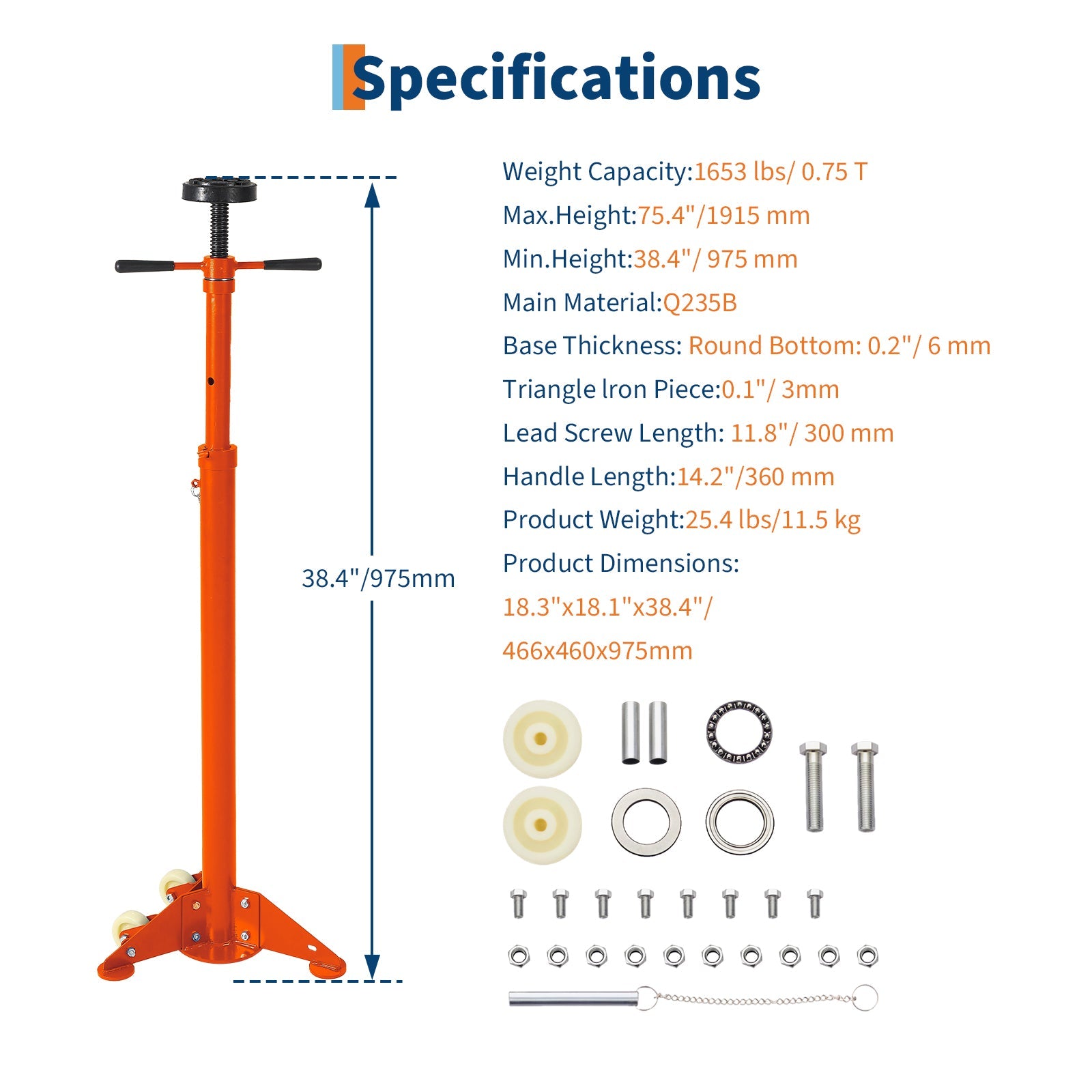 Garvee Adjustable Under Hoist Support Stand – 3/4 Ton (1653 lbs) Capacity – Heavy Duty Screw Jack – 38-75 Inch Height Range – With Wheels – Triangular Base (975-1915mm), Orange
