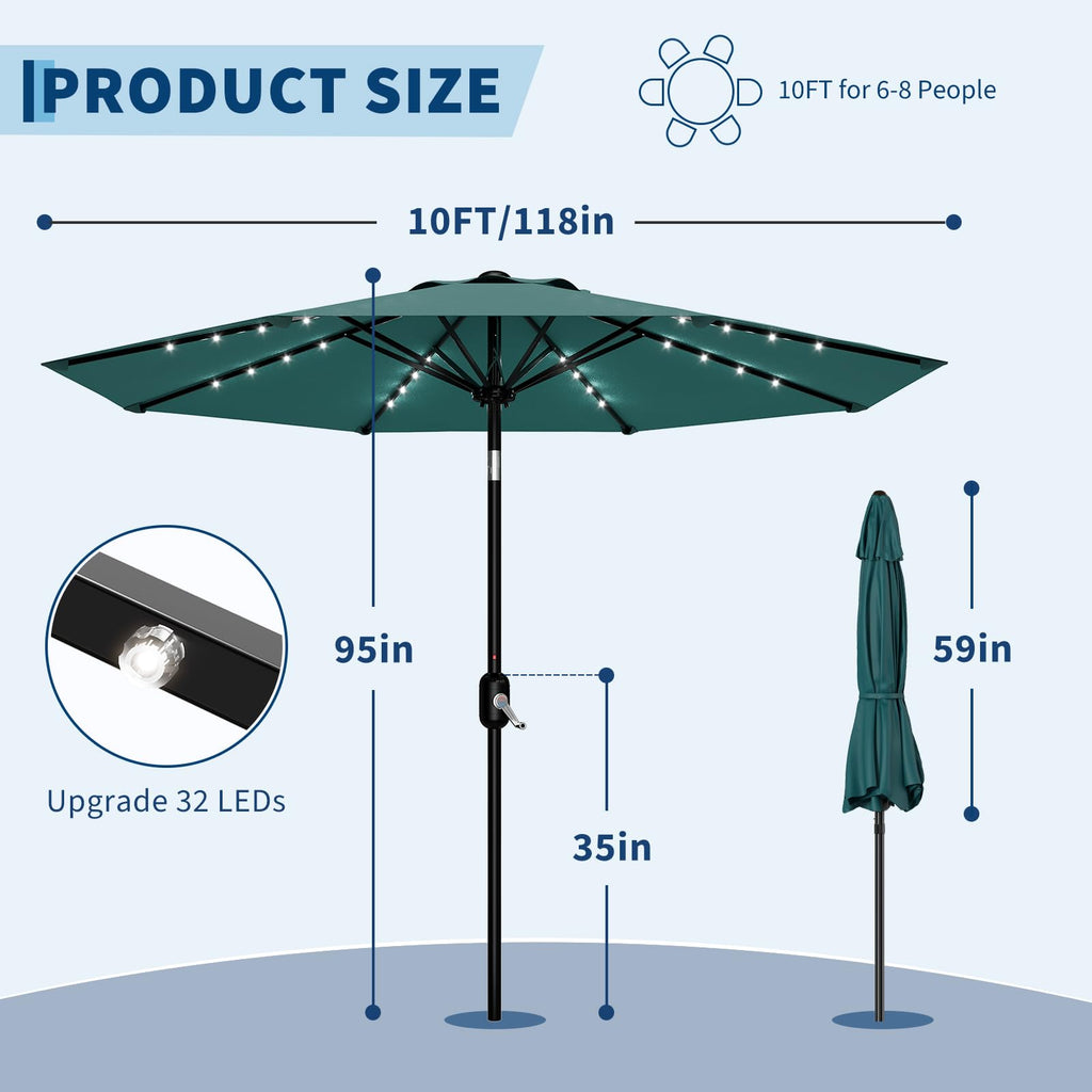 Garvee 10 FT Patio Umbrella with Solar Lights, Outdoor Table Umbrella with 8 Durable Ribs, Tilt & Crank Mechanism, Waterproof & UV Protection for Garden, Backyard, Poolside, Light Blue