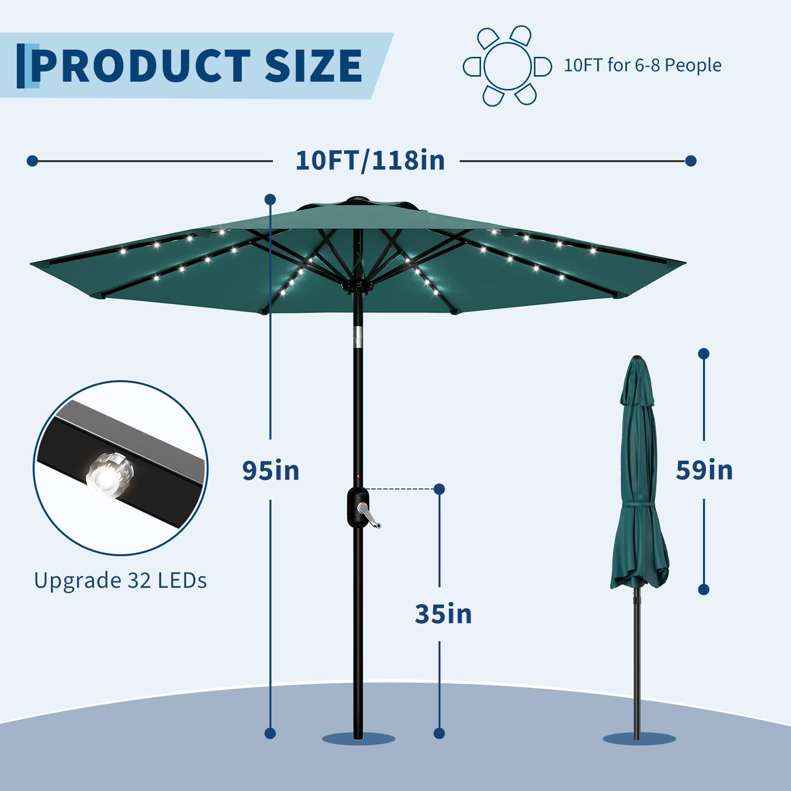 Garvee 10 FT Patio Umbrella with Solar Lights, Outdoor Table Umbrella with 8 Durable Ribs, Tilt & Crank Mechanism, Waterproof & UV Protection for Garden, Backyard, Poolside, Light Blue